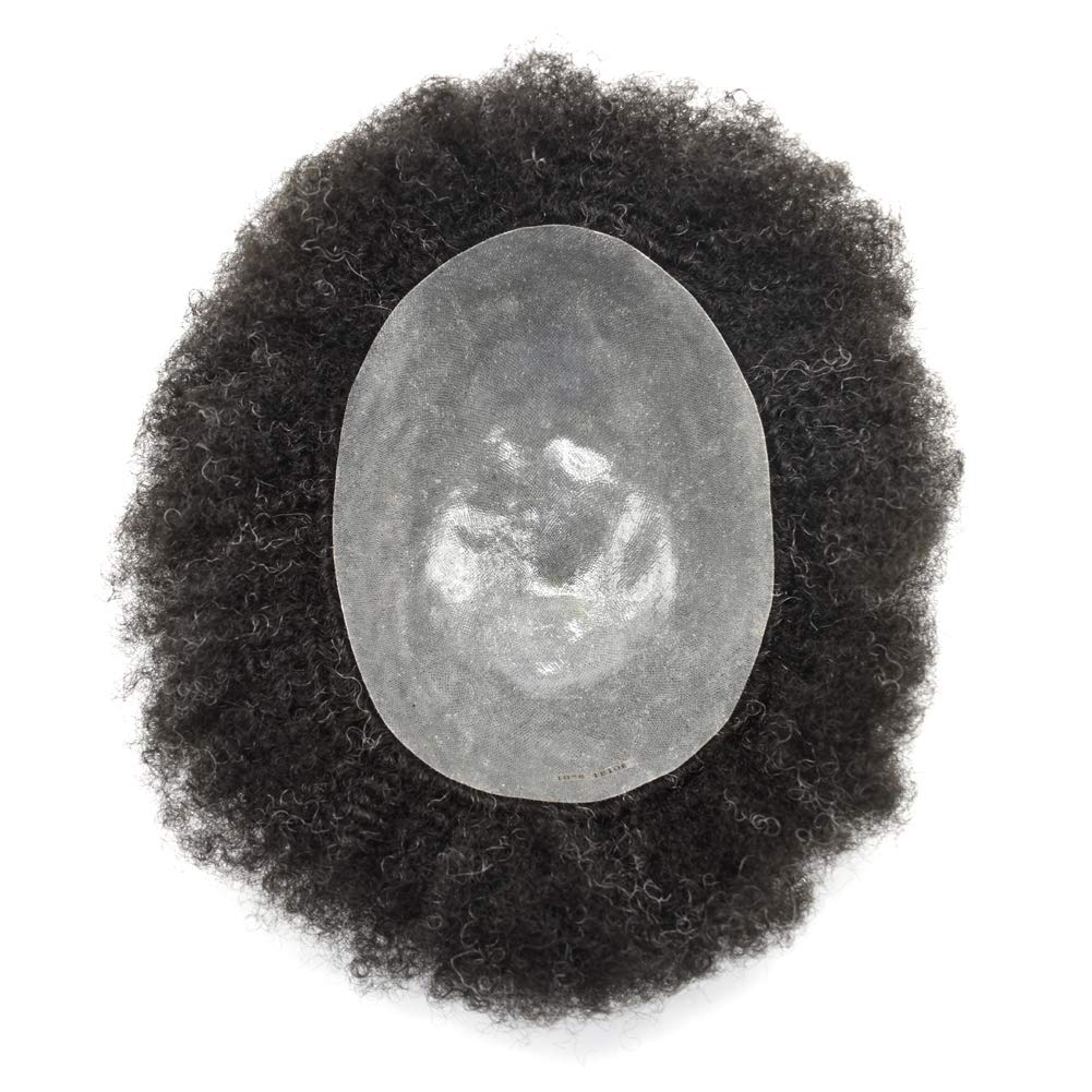 10x8 Afro Curly Men's Toupee - Full Poly African American Human Hair System for Black Men | Kinky Curly Wig Replacement (Afro Wavy 10mm, Jet Black) | Perfect for Daily Wear, Cosplay & Hair Loss Solutions