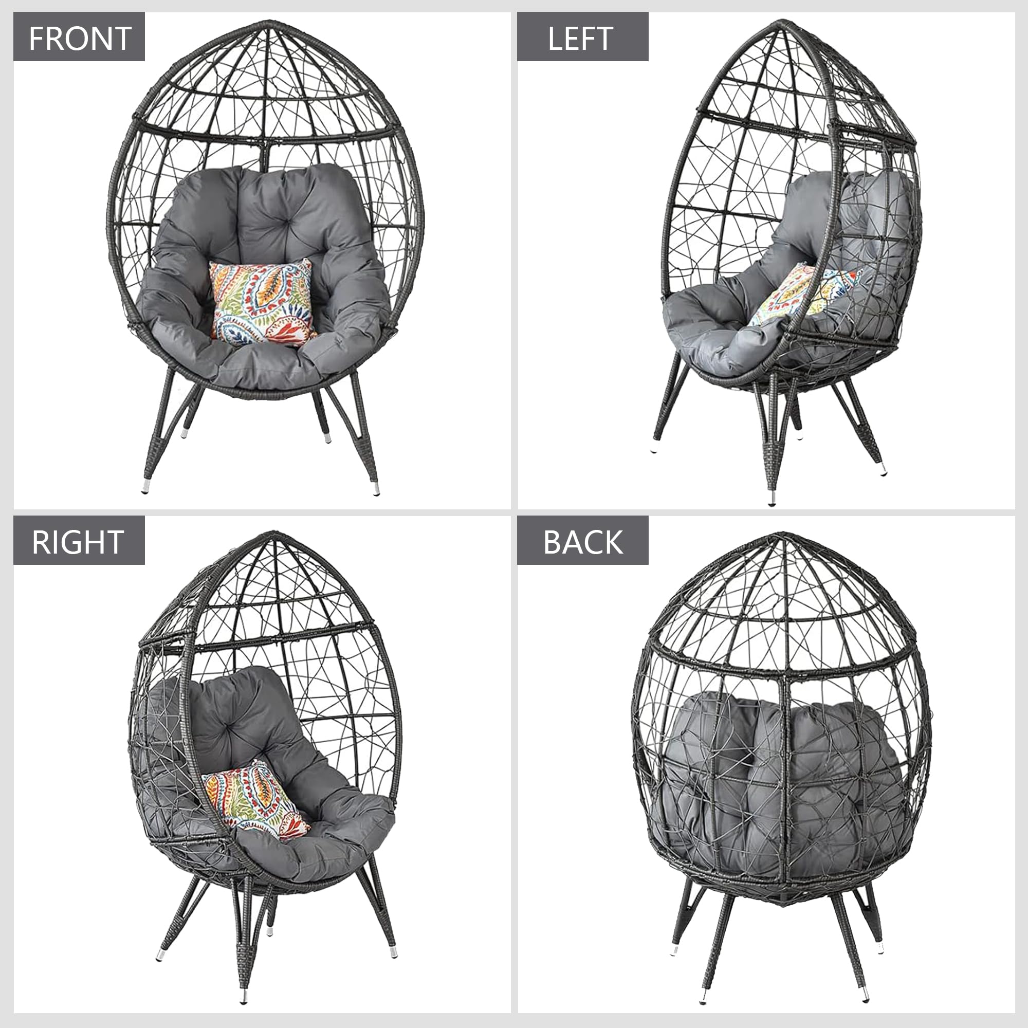 Outdoor Egg Chair - PE Rattan Hanging Basket Chair with Stand & Gray Cushions, 440lb Capacity Patio Lounge Furniture for Backyard, Garden, Poolside Relaxation