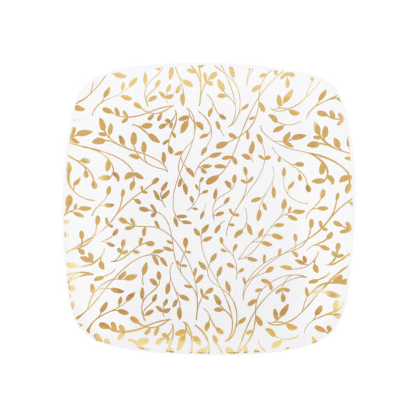 32-Piece Gold & White Leaf Square Plastic Dinnerware Set - BPA-Free Reusable Tableware for 16 Guests - Perfect for Outdoor Picnics, Garden Parties & Eco-Friendly Dining