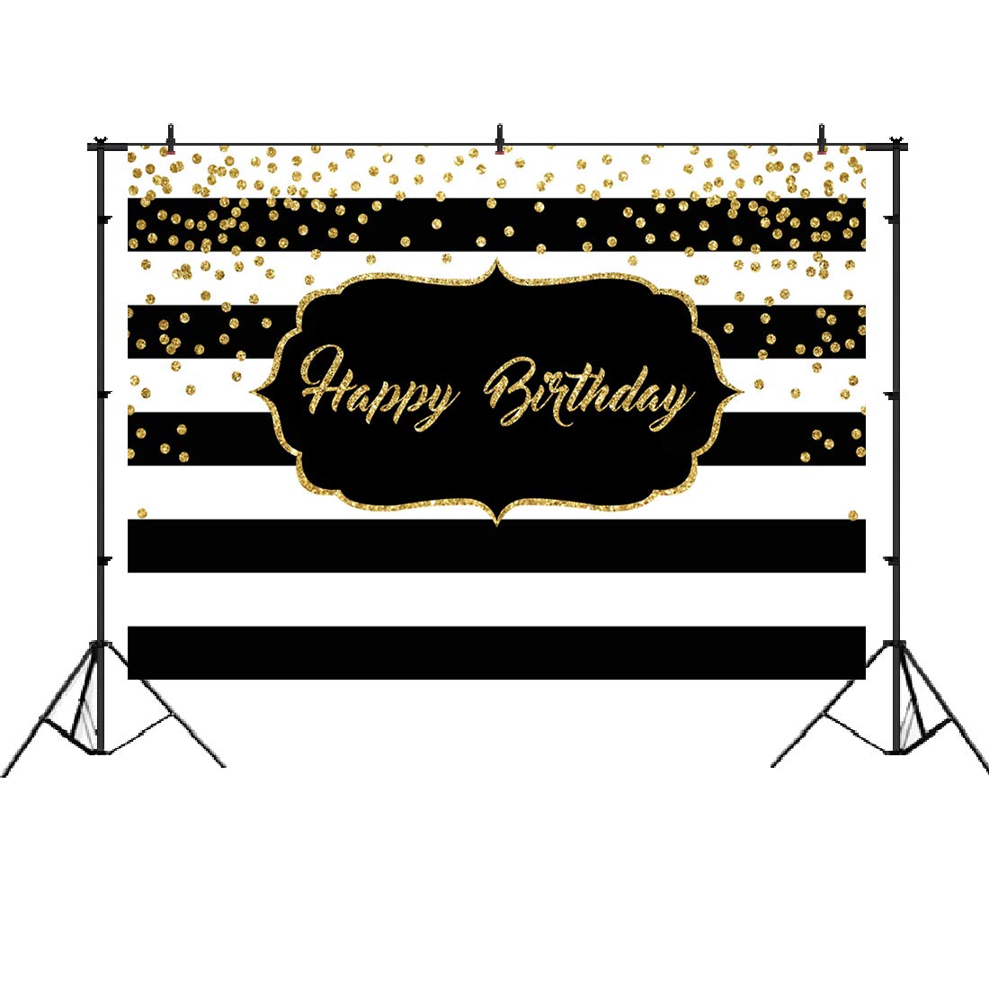 Black and White Striped Happy Birthday Backdrop with Gold Glitter Dots - 7x5ft Photography Background for Adult Birthday Parties, Sweet 16, Anniversary & Photo Booth Props - Perfect for Instagram & Social Media Photos