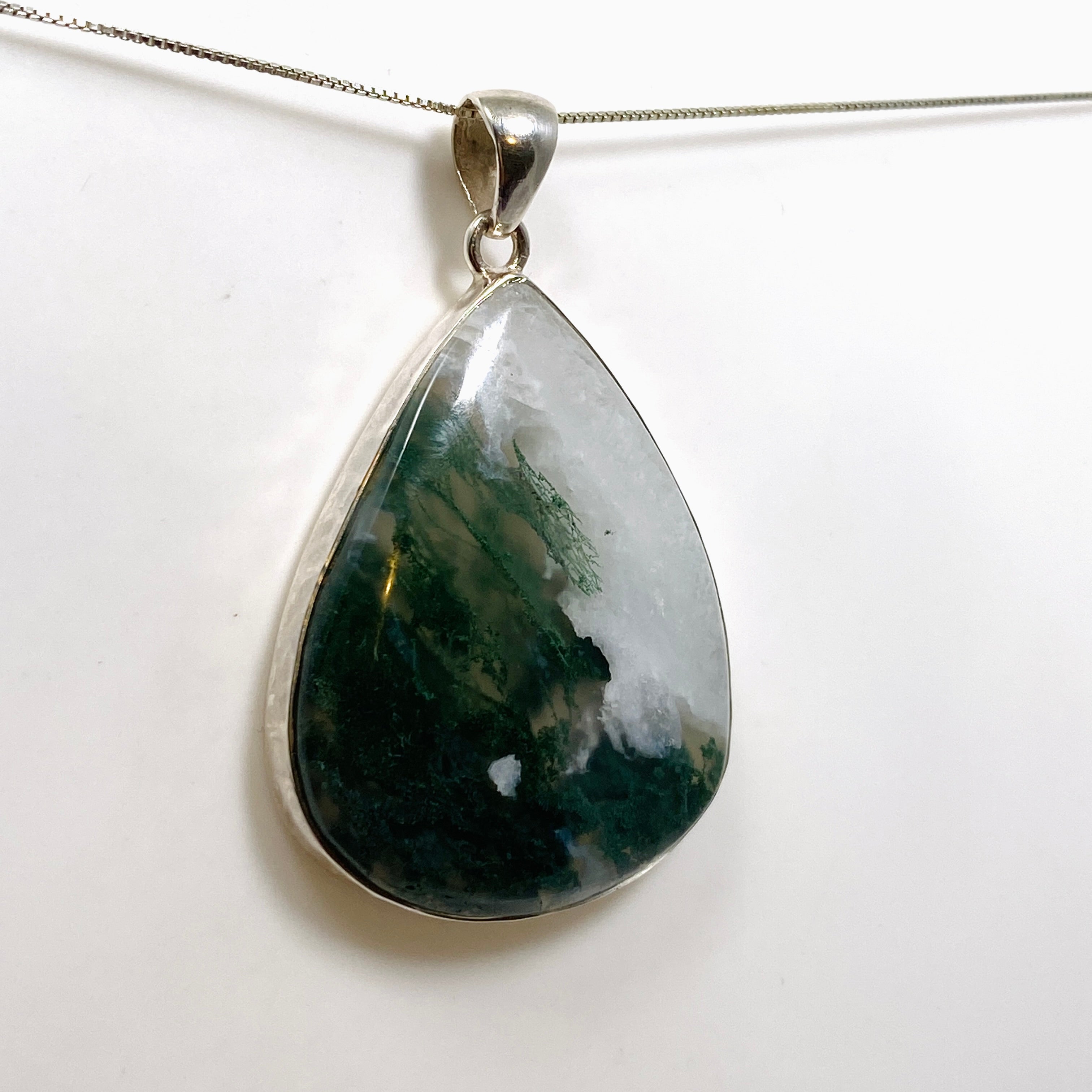 Natural Moss Agate Teardrop Cabochon Pendant in Handcrafted Hammered Sterling Silver Setting KPGJ4709 - Perfect for Boho Jewelry, Healing Crystal Necklaces & Spiritual Gifts