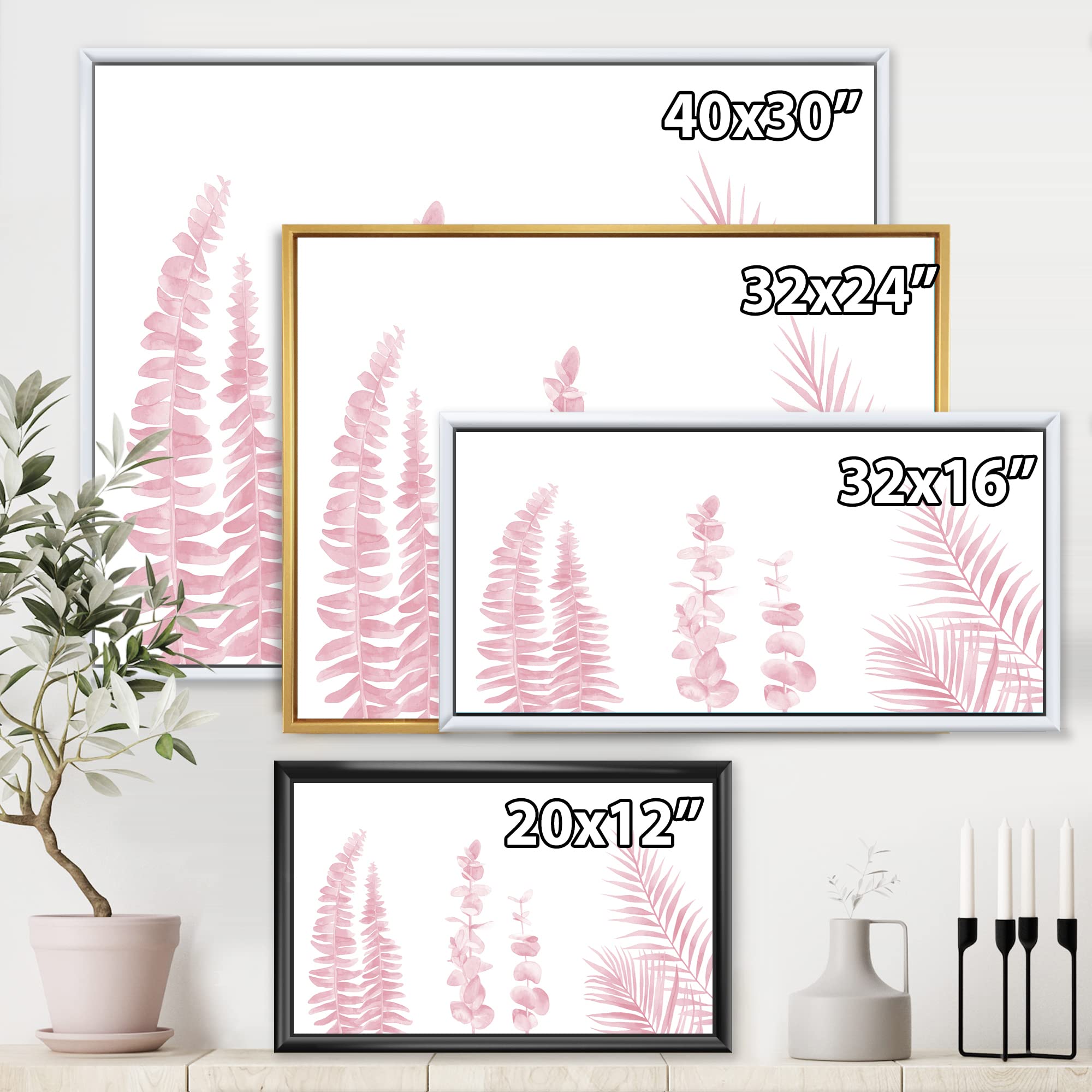 DesignQ Blush Pink Eucalyptus and Palm Branches Framed Canvas Wall Art Print - Shabby Chic Home Decor for Living Room, Bedroom & Office
