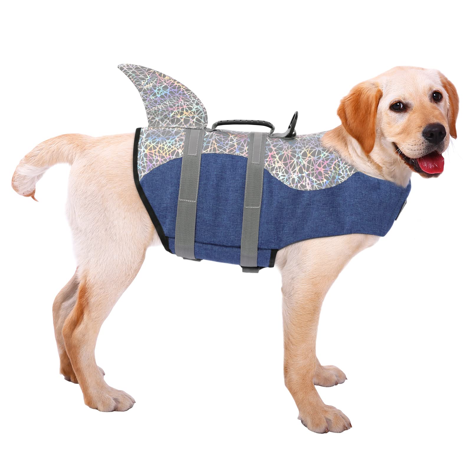 ASENKU Dog Life Jacket - Pet Safety Vest for Swimming & Boating, Shark Design Floatation Vest for Small Medium Large Dogs - Laser Denim Blue (Size L) - Perfect for Pool, Beach & Water Activities