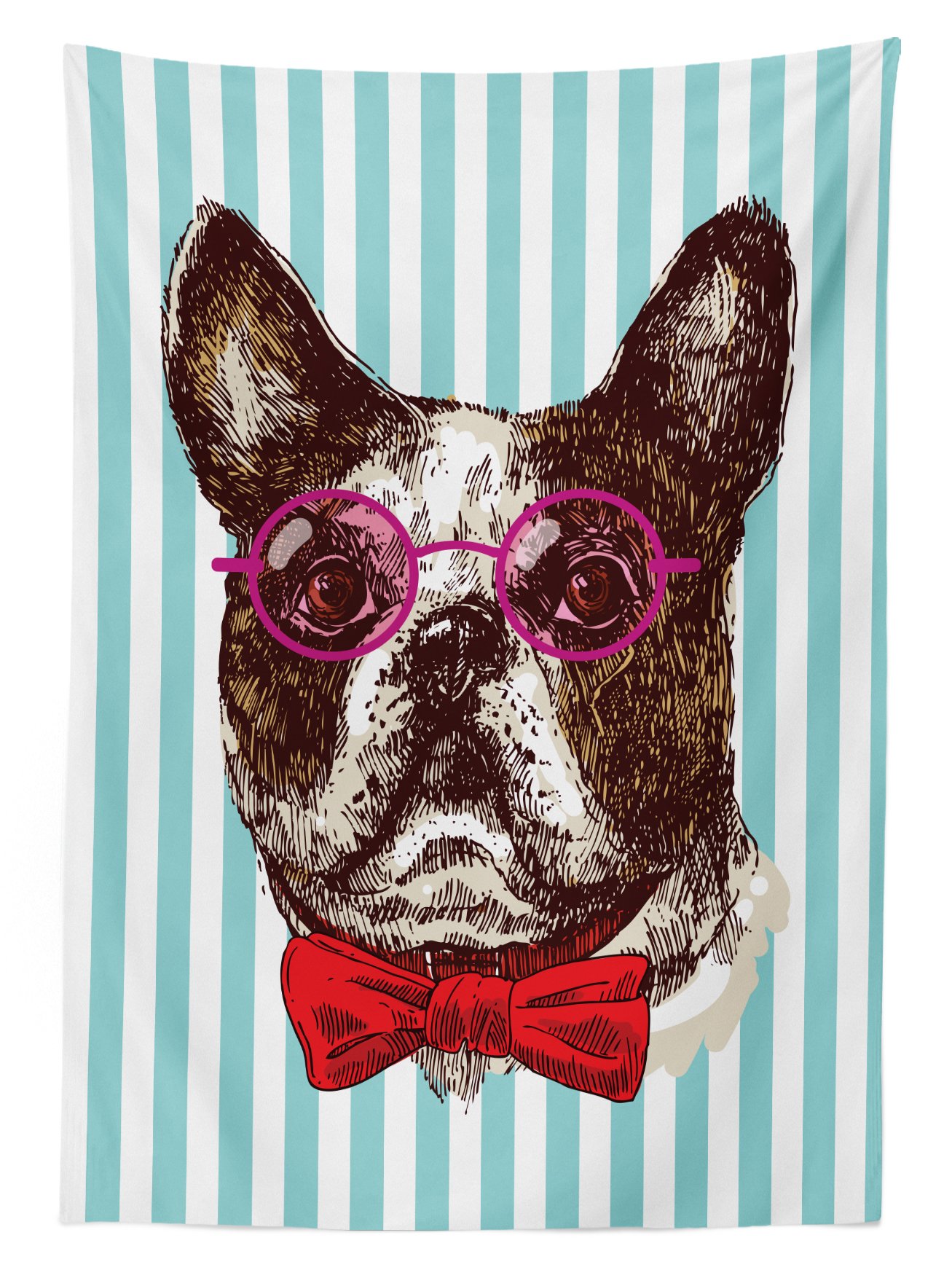 Ambesonne German Outdoor Tablecloth - Funny Hand Drawn Bulldog Sketch with Glasses on Striped Background | Washable Picnic Table Cover 58x84 Inches | Perfect for BBQs, Garden Parties & Outdoor Dining | Multicolor Pop Art Animal Design