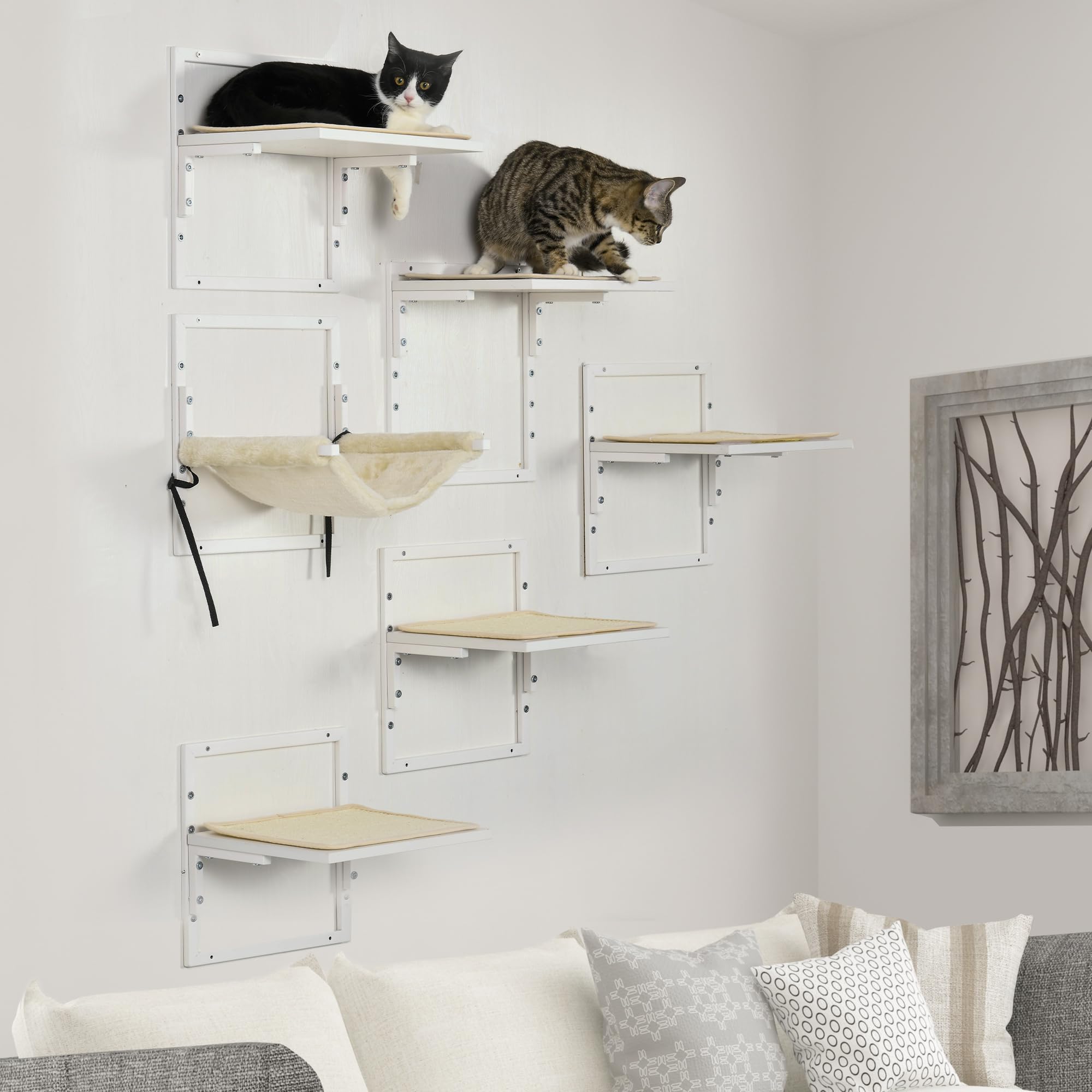 **PawHut 6-Piece Modern Cat Wall Shelves Set - Adjustable Height Cat Perches, Jumping Platforms & Hammock for Indoor Cats - Cream White - Perfect for Small Spaces & Cat Play Areas**