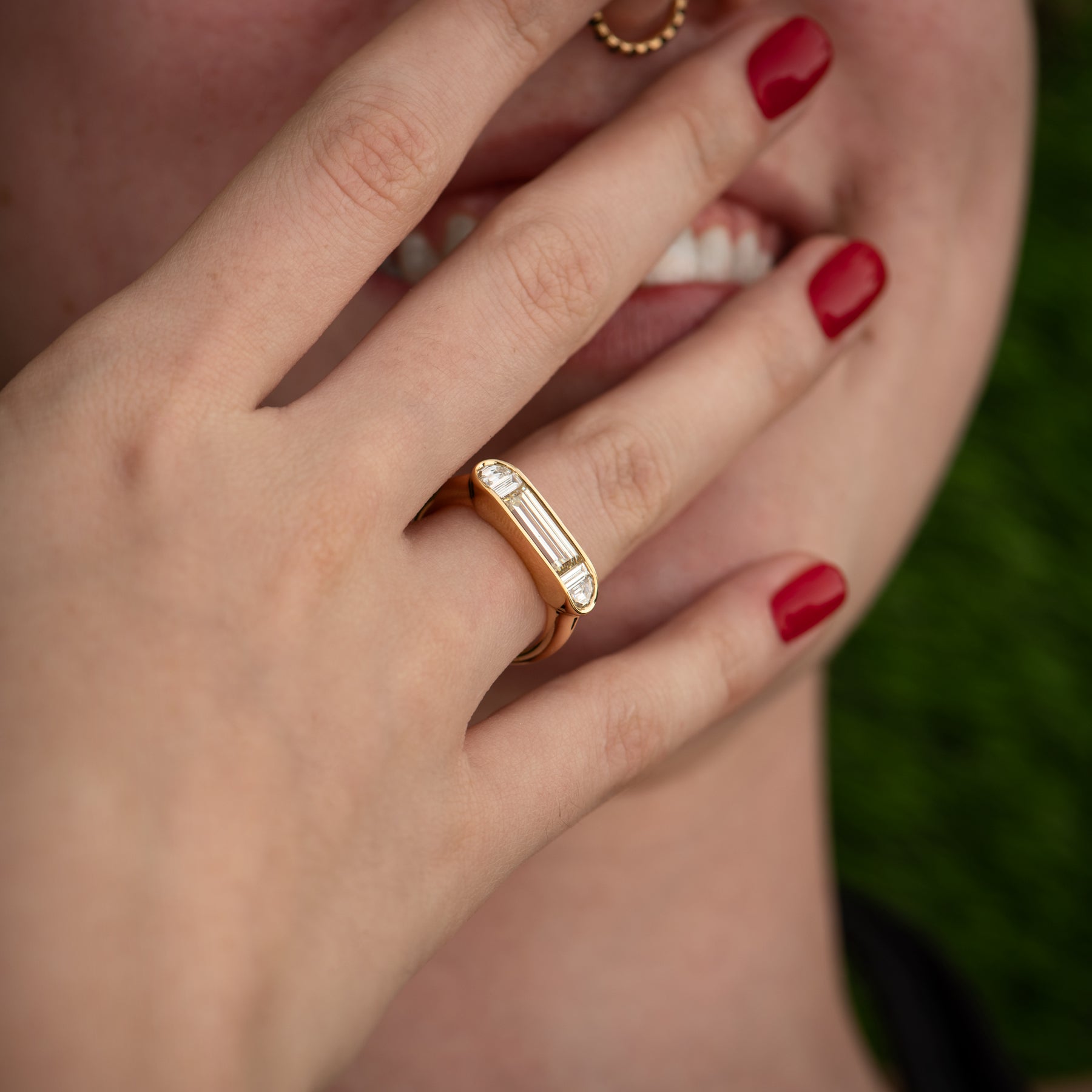 Exquisite Framed Horizontal Engagement Ring with Half Moon & Baguette Diamonds - Perfect for Proposals, Anniversaries & Special Occasions