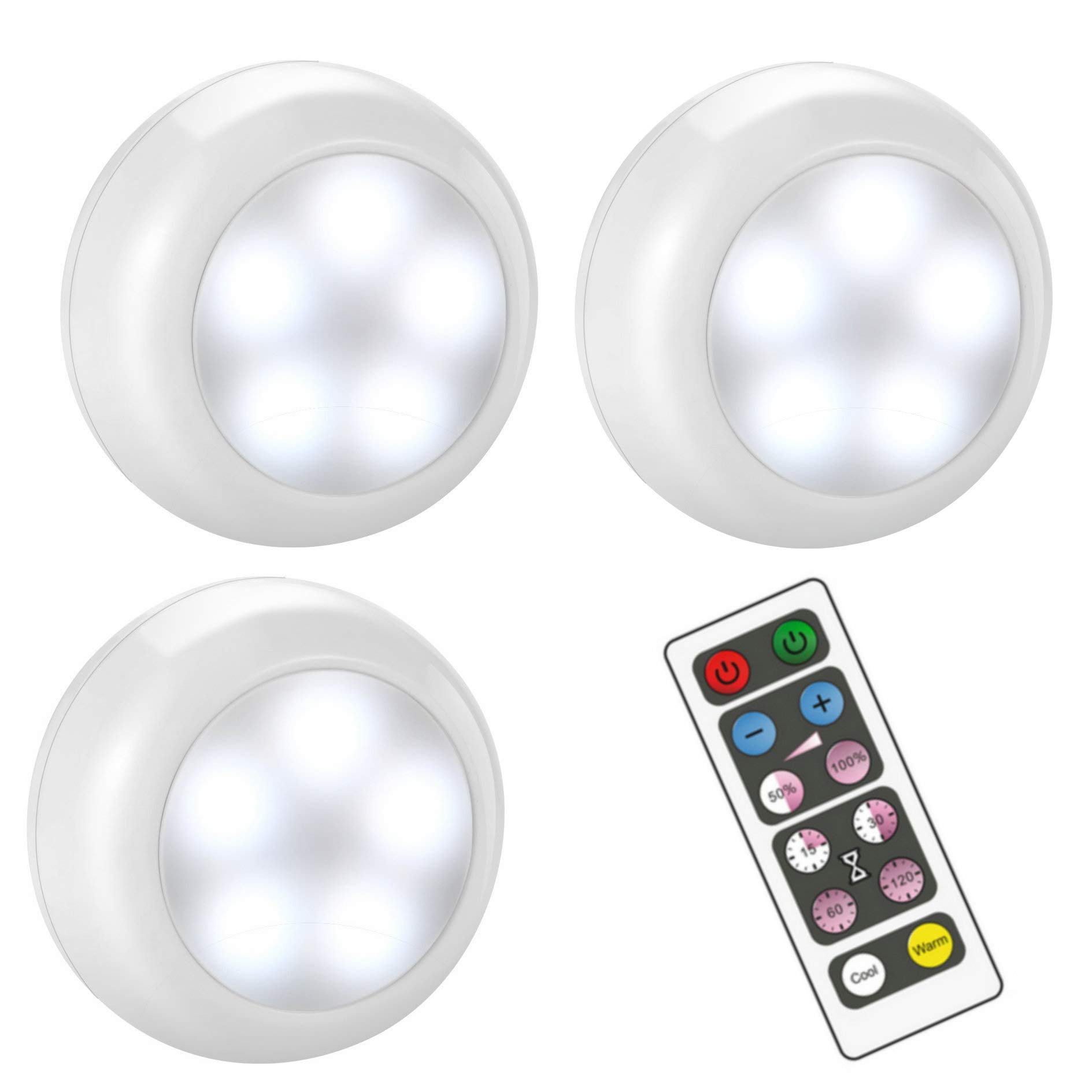 BLS AA-1035 Wireless Dimmable LED Puck Lights with Remote Control - 3 Pack | Cool White & Warm White Under Cabinet Lighting | Battery Operated Stick-On Lights for Kitchen, Wardrobe, Cupboard, Bookshelf | Timer Function for Convenient Use