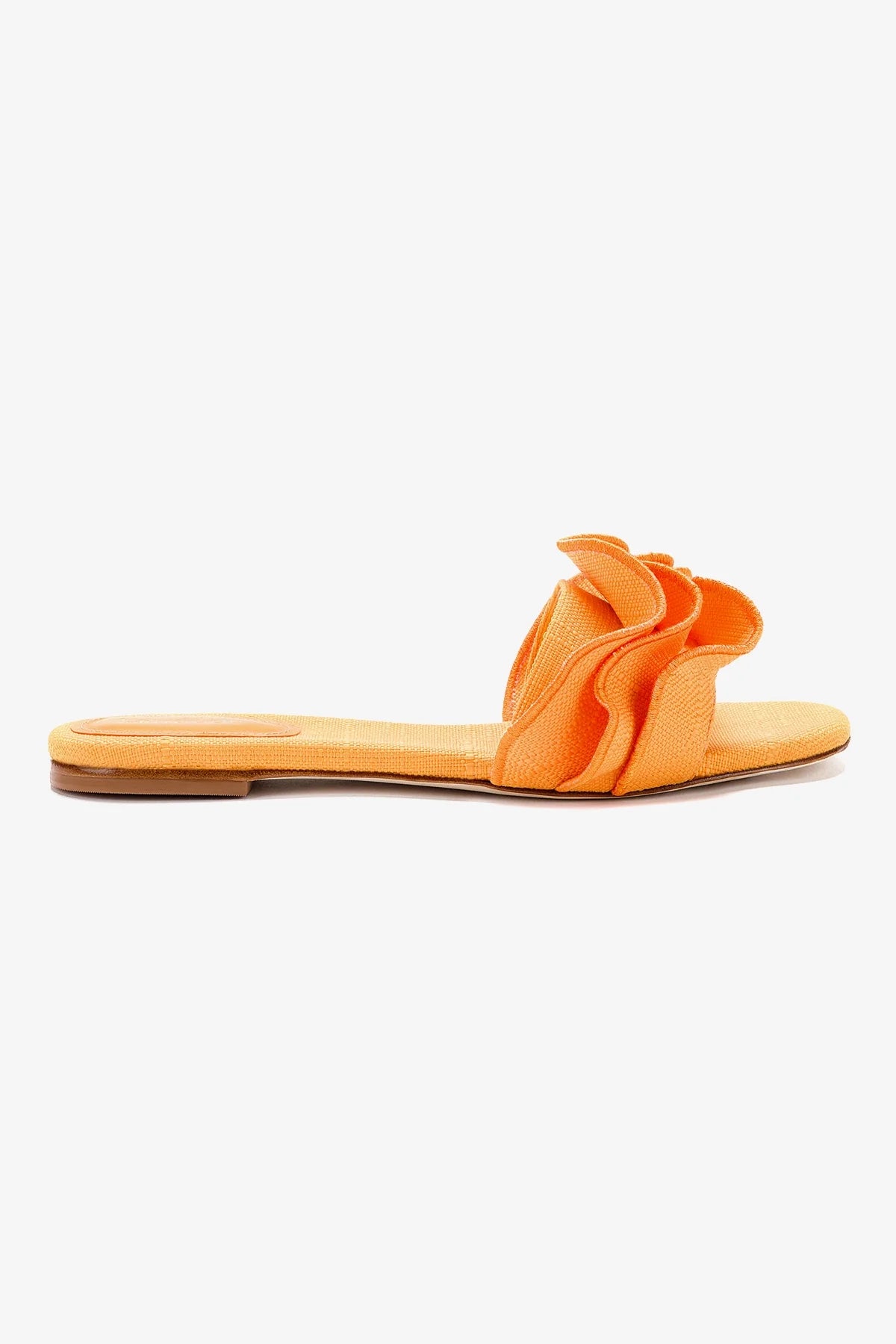 Ivy Ruffle Flat Mule Sandals - Comfortable Summer Slides in Mango Raffia | Perfect for Beach, Poolside & Casual Outings