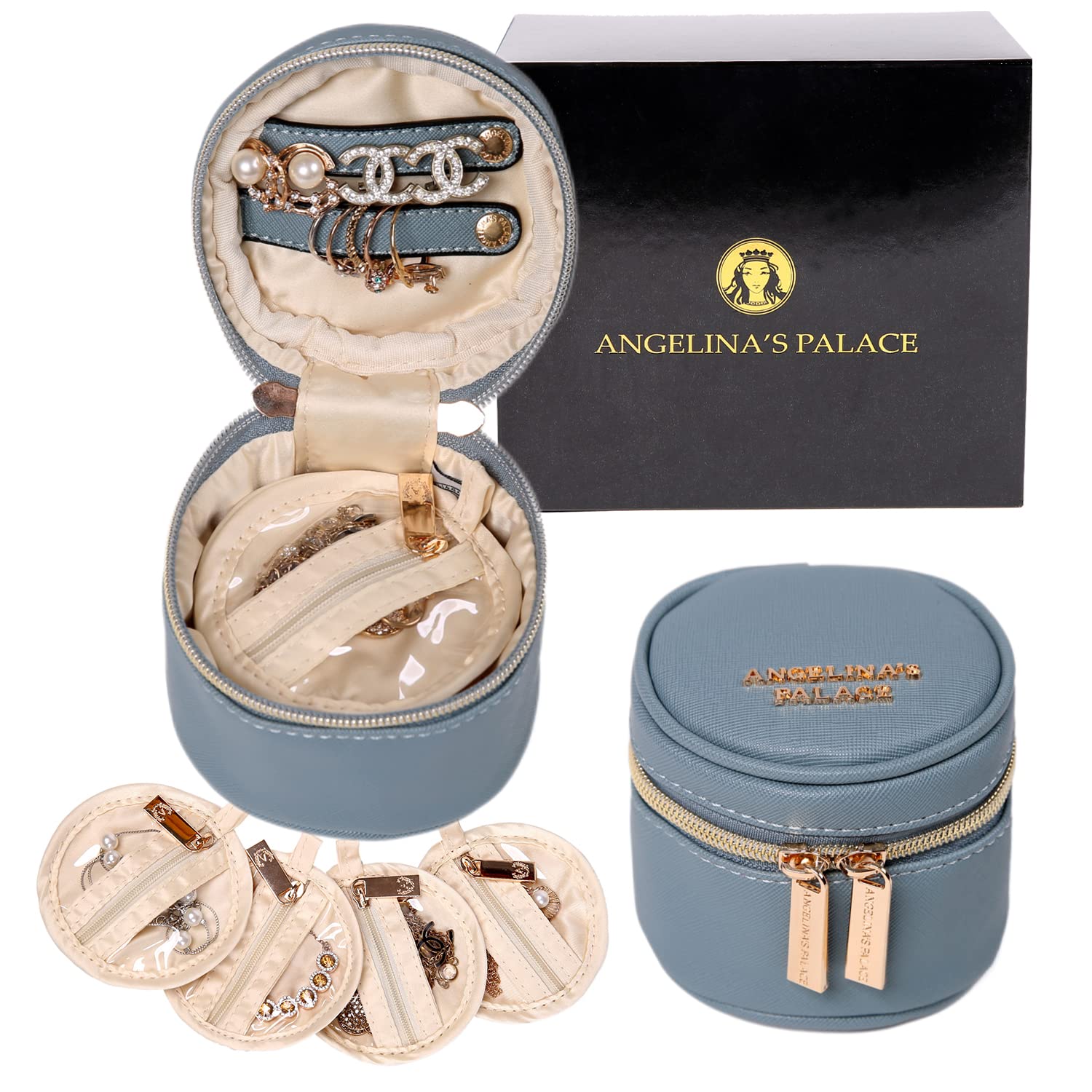 Angelina's Palace Round Jewelry Organizer Case - Vegan Leather Travel Jewelry Box for Necklace, Earrings, Bracelet & Ring Storage - Perfect Bridesmaid Gift & Travel Accessory (Pearl Blue)