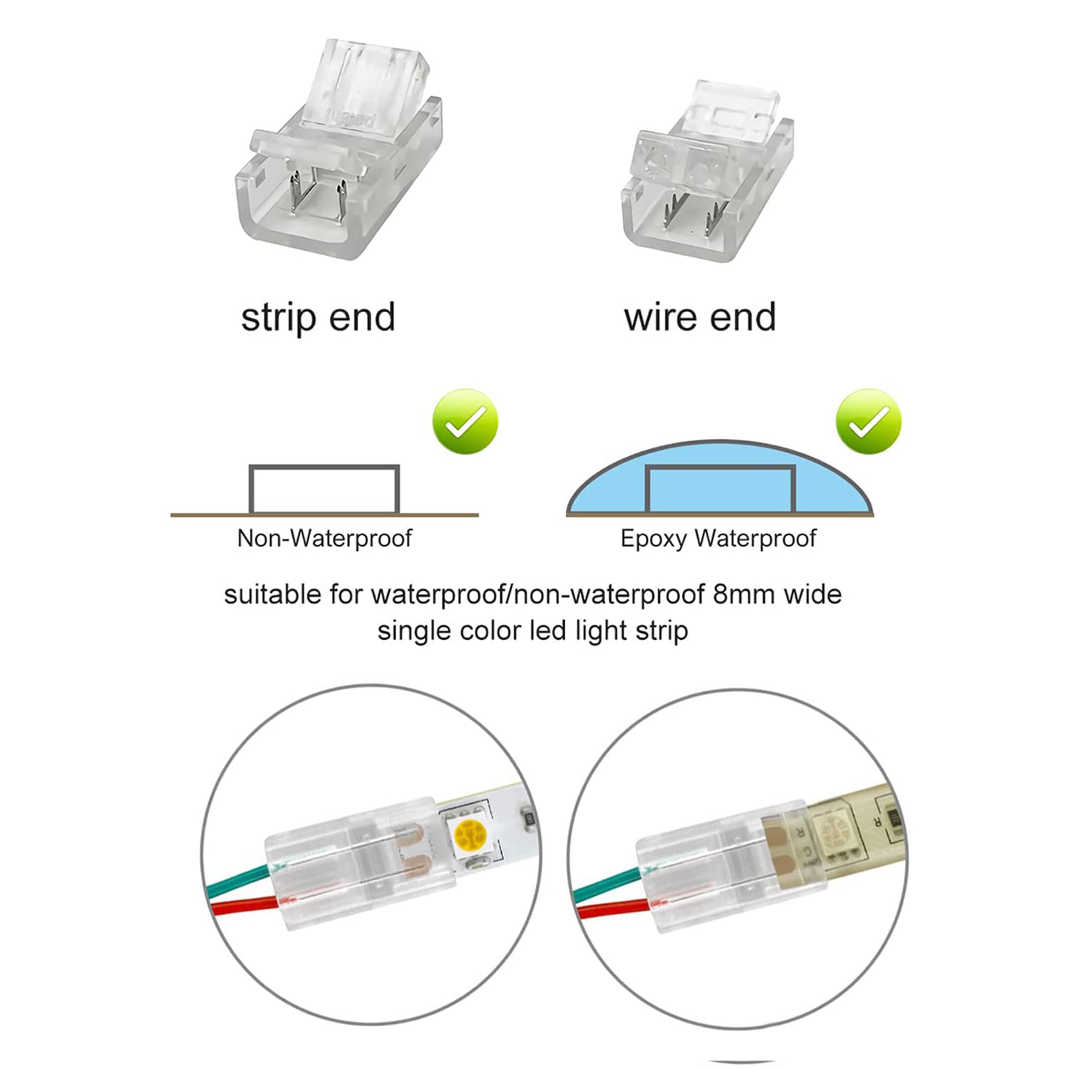 Waterproof 2-Pin 8mm LED Strip Connectors - 12PCS for SMD 5050/5630 Monochrome LED Light Strips - Indoor/Outdoor Use for Home, Kitchen, Cabinet, and DIY Lighting Projects