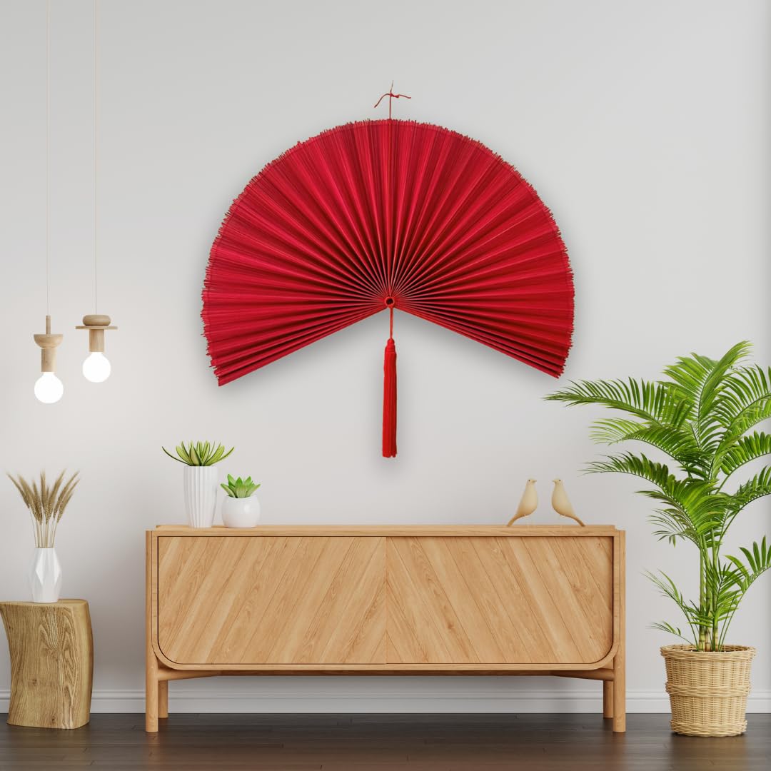 Large 60in Handmade Bamboo Wall Fan - Foldable Boho Decor for Bedroom, Over Bed Headboard & Living Room - Red Decorative Wall Fan for Home & Office Interior Design