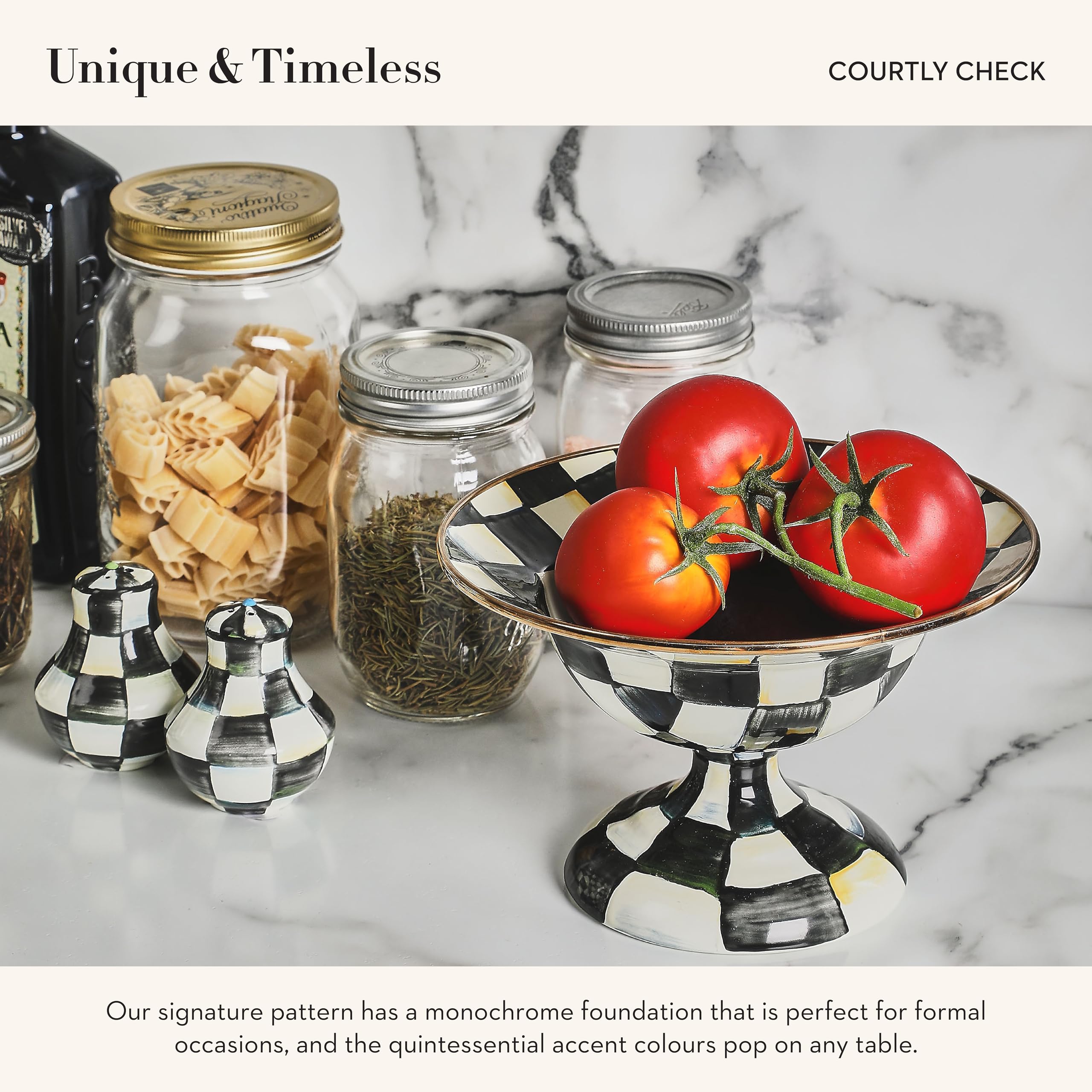 MACKENZIE-CHILDS Enamel Salt and Pepper Shakers Set - Classic Black and White Courtly Check Design - Perfect for Kitchen, Dining Table & Spice Organization - Ideal for Home, Restaurant & Gift Giving