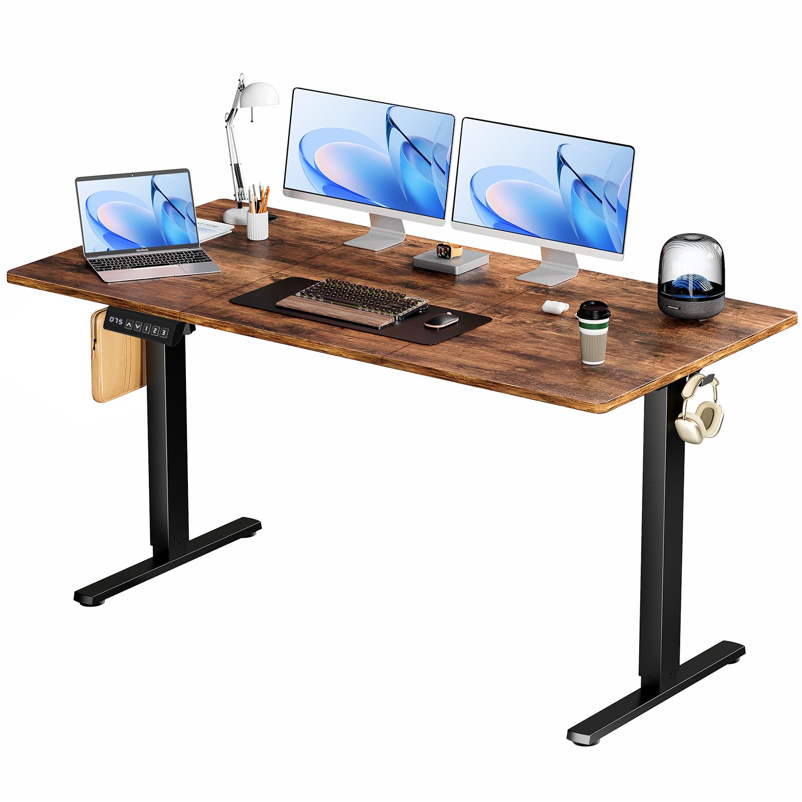 Adjustable Height Electric Standing Desk - 63x24 Inch Ergonomic Sit Stand Computer Table with Motorized Lift for Home Office & Gaming Workstation (Brown) | Perfect for Remote Work, Video Calls & Healthy Work Posture
