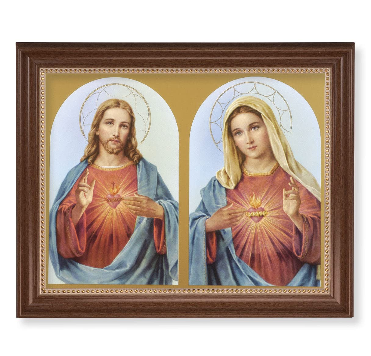 Sacred Hearts Framed Wall Art - Extra Large Classic Dark Walnut Wood Picture Frame with Gold Beaded Trim - Perfect for Home Decor, Church Altar, or Spiritual Gift
