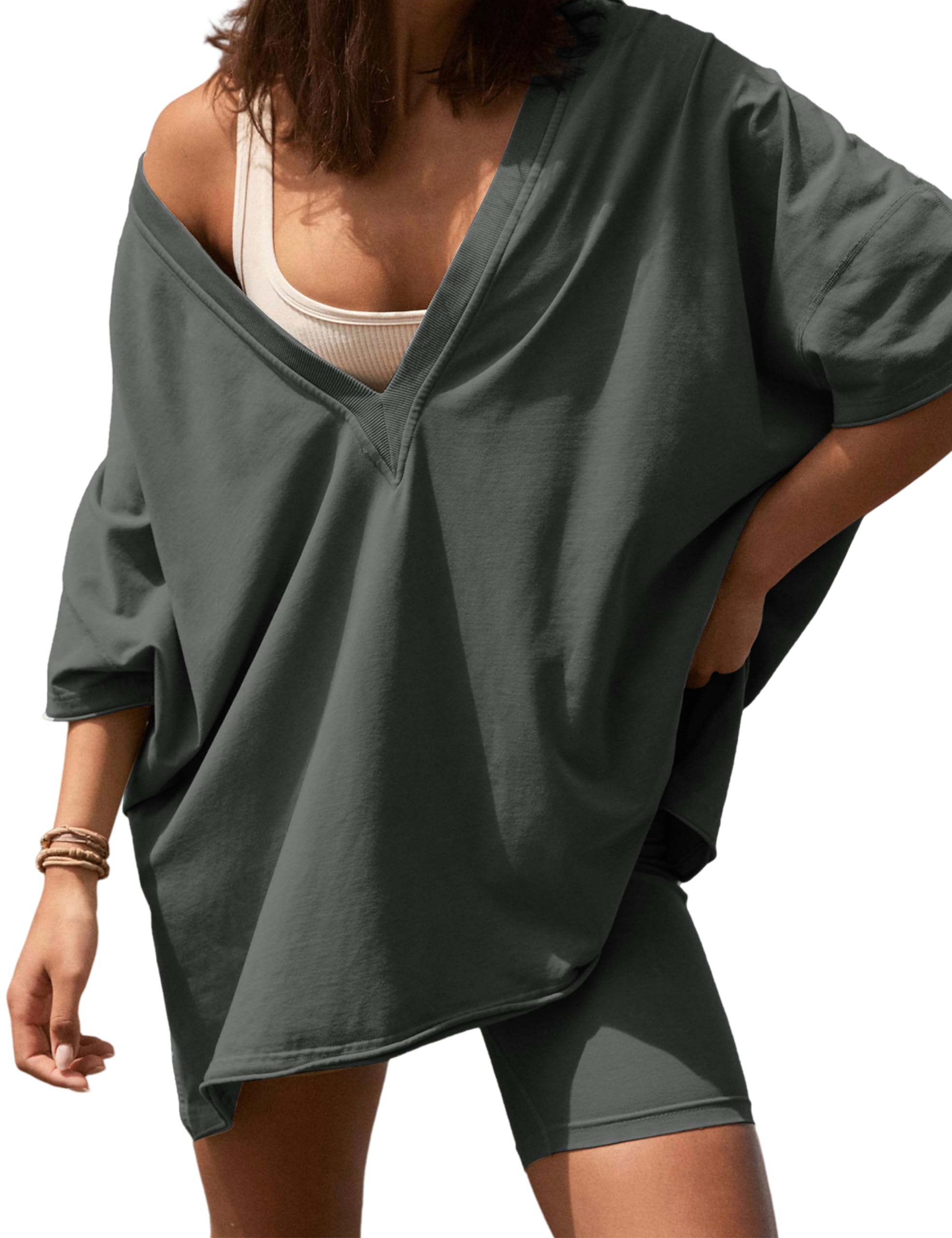 Women's 2-Piece Outfit Set - Oversized V-Neck Workout T-Shirt & Biker Shorts Matching Set for Summer | Gym, Yoga, Running & Casual Wear