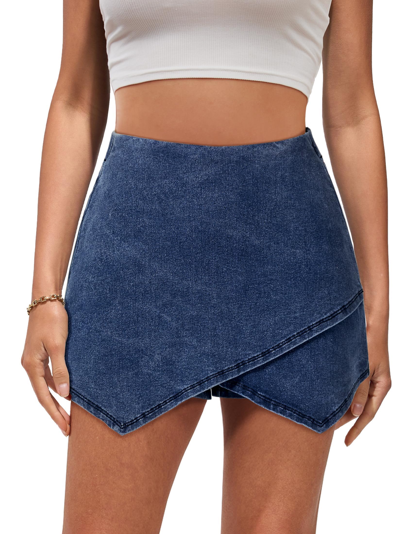 Luvamia Women's High Waisted Stretchy Denim Skorts - Pull On Wrap Skirt with Built-in Shorts, Asymmetrical Trendy Design for Casual Wear, Summer Outfits & Travel