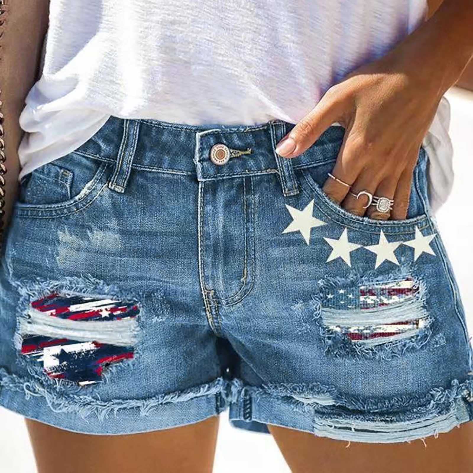 4th of July Patriotic Denim Shorts for Women - Summer Stretch Jeans for BBQ & Parties
