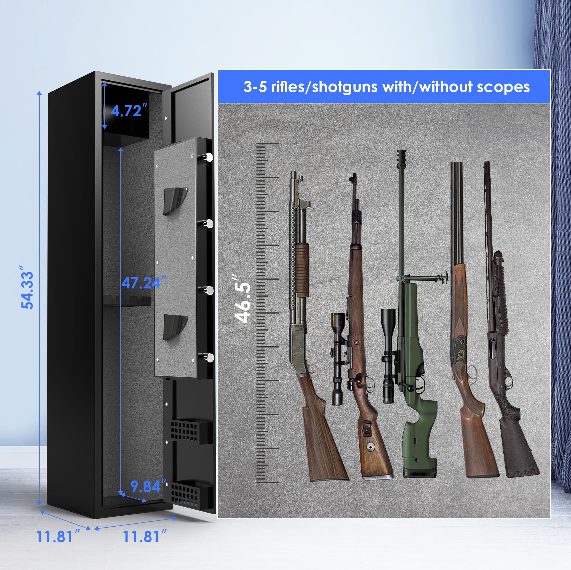 METAN Heavy Duty Digital Gun Safe for Rifles & Pistols - 5 Gun Security Cabinet with LED Light, Alarm System & Interior Storage Box - Ideal for Home, Office & Gun Range Use (Black)
