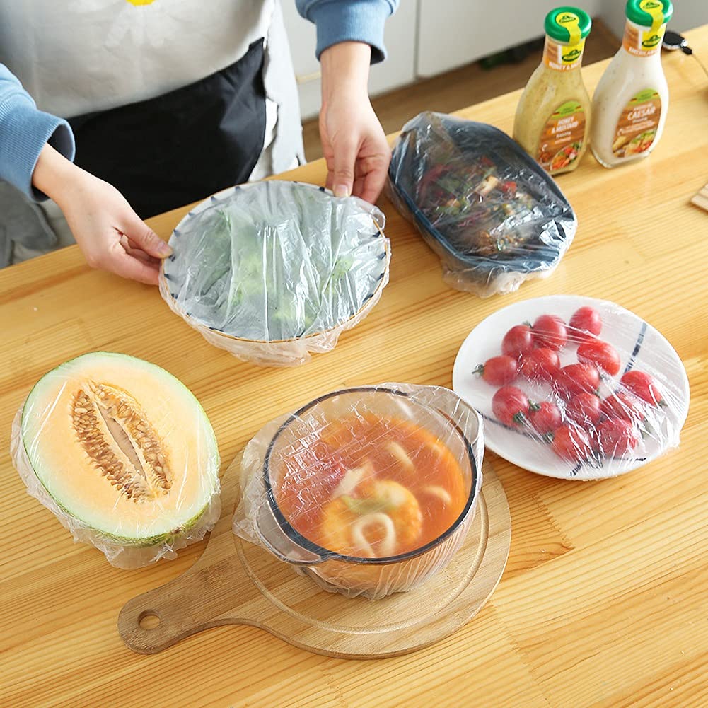 Ochine 100-Pack Elastic Food Storage Covers | Stretchable Bowl Covers with Elastic Edges | Reusable Plastic Food Wrap for Freshness | Perfect for Fruit Preservation, Meal Prep & Leftovers Storage | Ideal for Kitchen, Picnics & Party Food Display