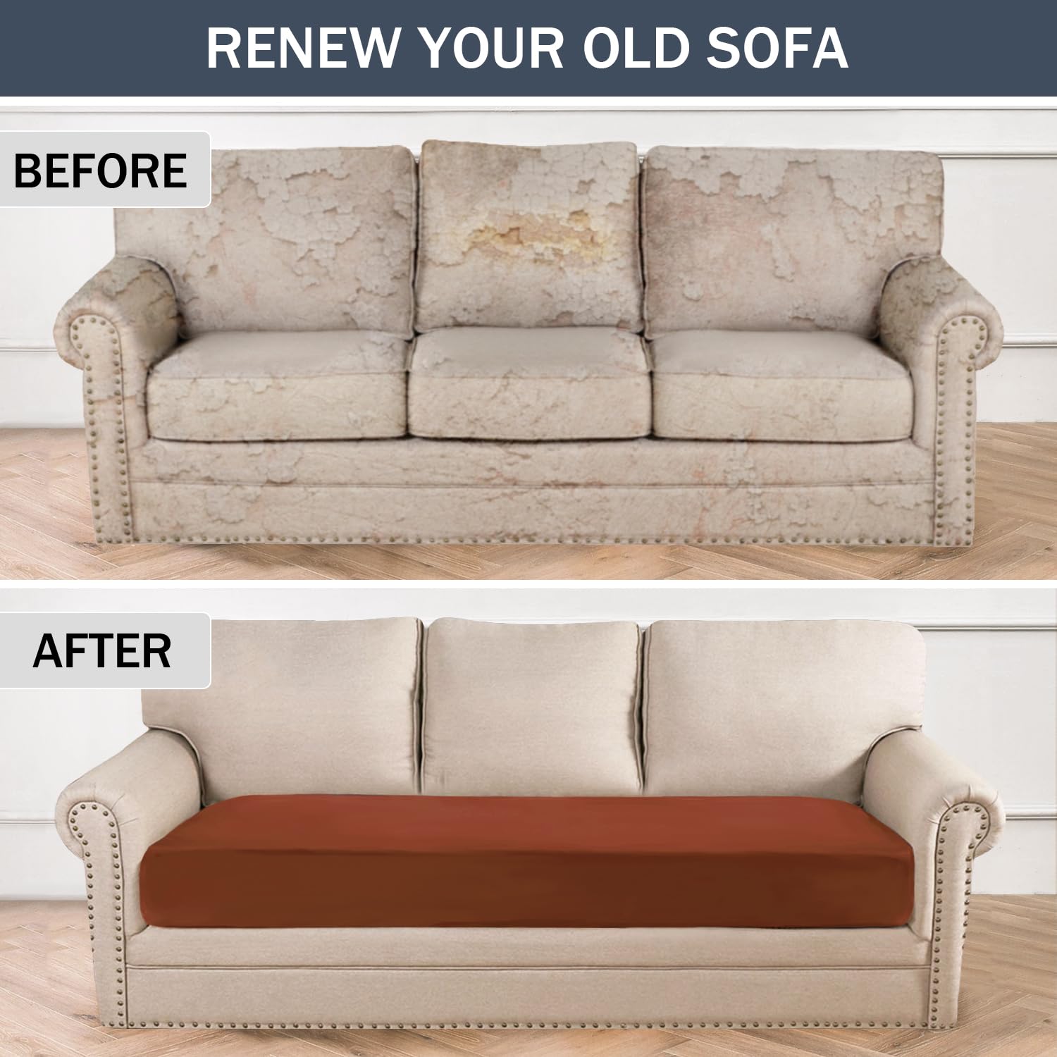 Soft Velvet Plush Stretch Cushion Cover - Elastic Bottom Sofa Slipcover for Loveseat & Couch (Large, Red Brown) | Furniture Protector for Living Room, Bedroom & Office