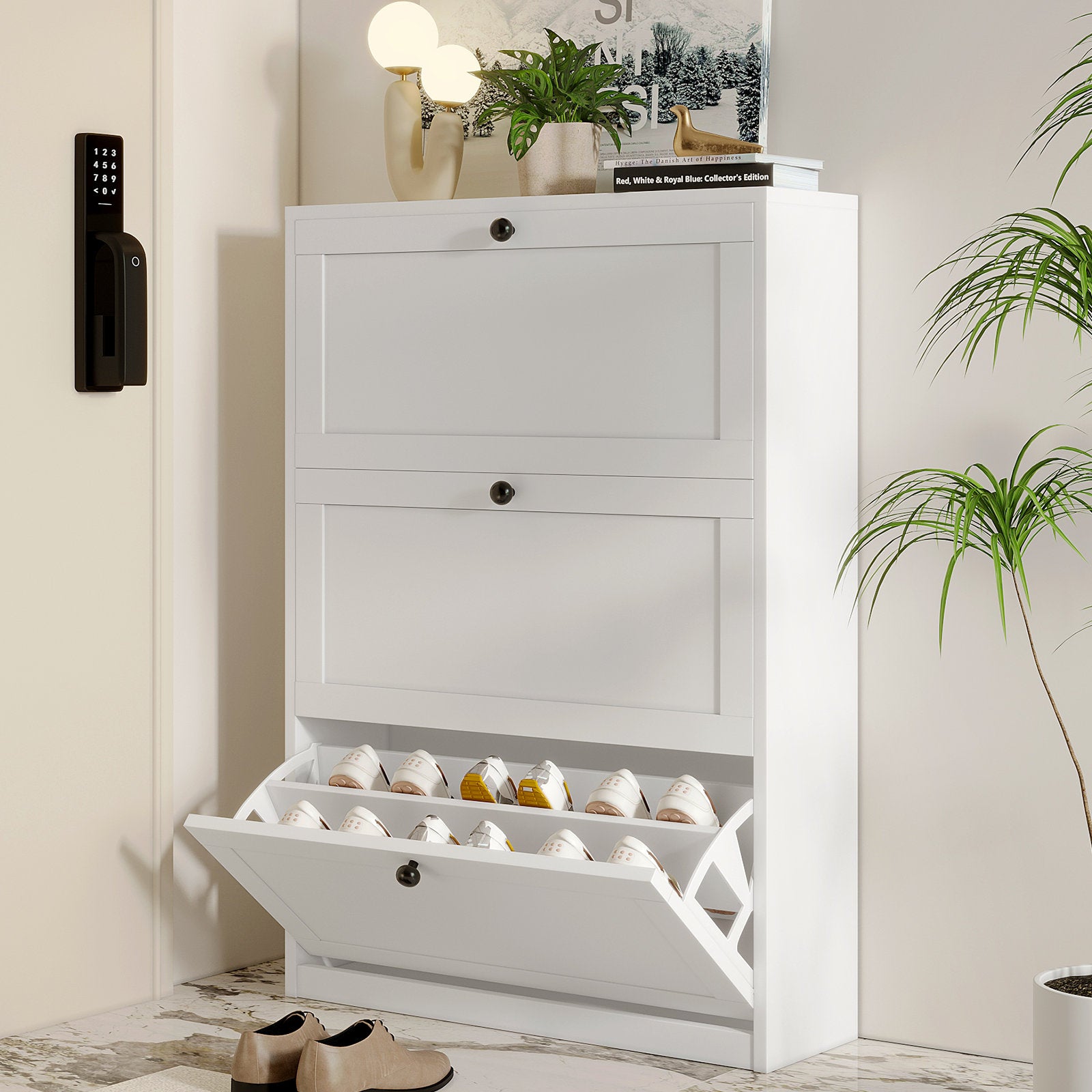 24 Pair Shoe Storage Cabinet Organizer - White Closet Organizer for Entryway, Bedroom, or Mudroom | Space Saving Shoe Rack for Sneakers, Boots & Heels