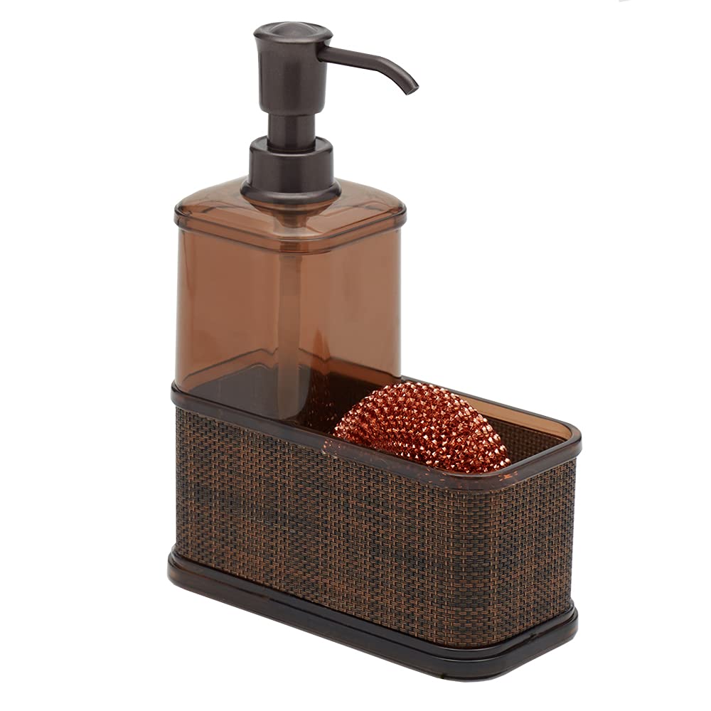 Home Basics 18.6 oz Refillable Soap Dispenser with Basketweave Sponge Holder - Perfect Portion Control in One Pump for Bathroom & Kitchen - Neutral Bronze Color | Ideal for Countertop Organization & Hand Soap Dispensing