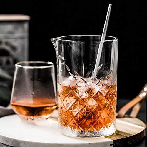 Premium 24oz Crystal Cocktail Mixing Glass Set with Hawthorne Strainer, Jigger, Bar Spoon & Bar Tools - Professional Bartender Kit for Home Bars & Cocktail Parties - Perfect Gift for Mixologists & Home Entertaining