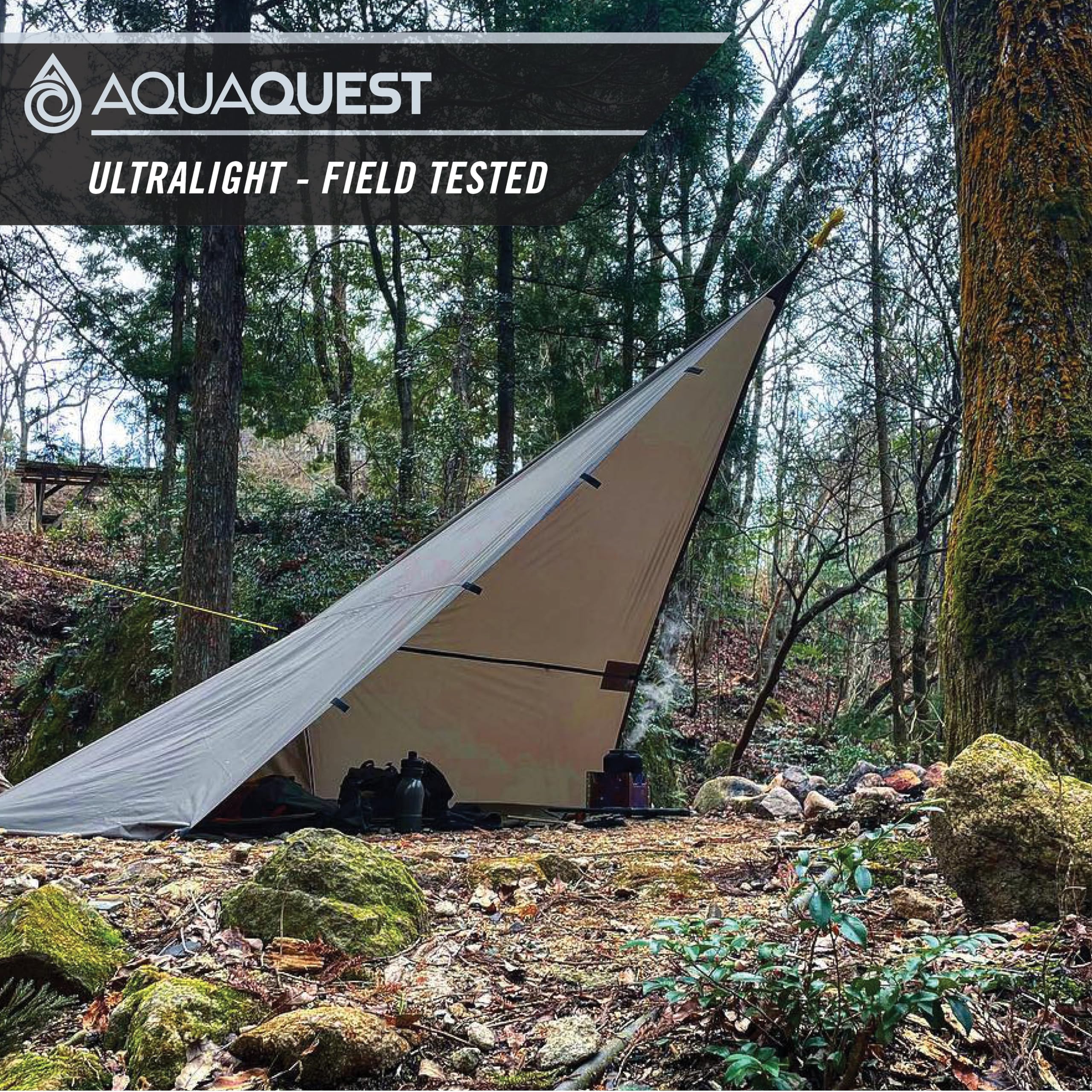 AquaQuest Guide Waterproof Camping Tarp - Ultralight Tent Cover & Rain Fly for Hiking, Backpacking, Hammock Shelter & Survival Gear | Perfect for Outdoor Adventures, Emergency Shelter & All-Weather Protection