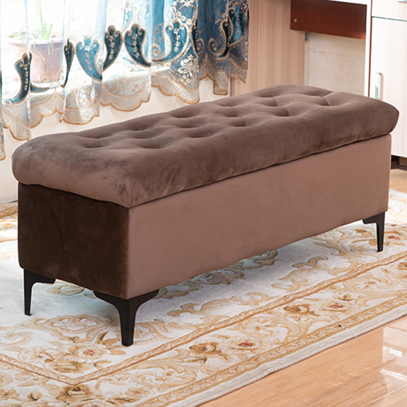 Luxury Velvet Upholstered Storage Ottoman Bench with Gold Legs - Dark Curry Color (39x18x18 Inches) - Bedroom Bench, Living Room Seating, Entryway Storage Ottoman - Perfect for Bed End, Vanity Stool & Hallway Decor