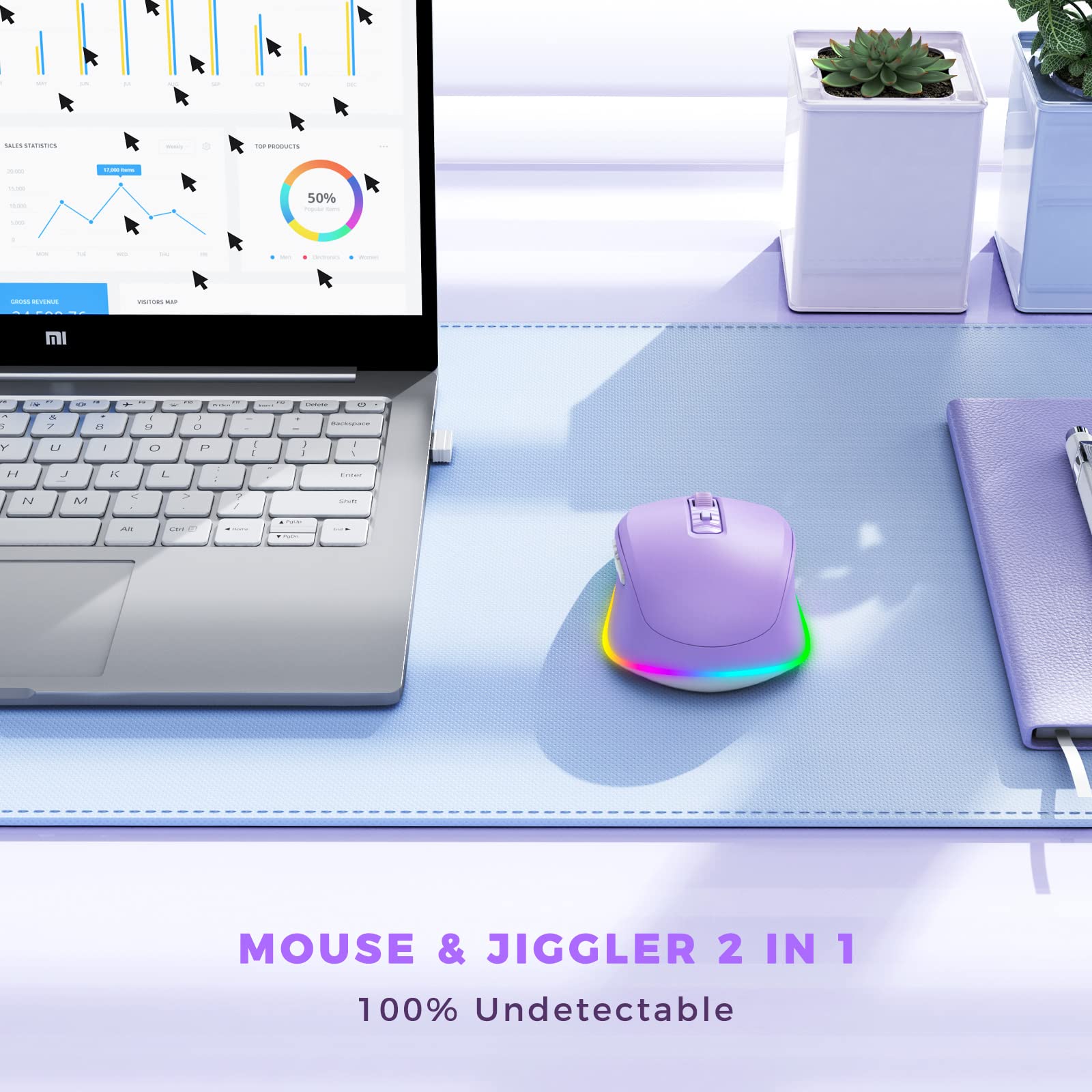 Wireless Mouse Jiggler with Undetectable Random Movement - Rechargeable LED Mouse Mover for Laptop, Keeps Computer Awake (Purple) - Perfect for Remote Work, Online Meetings, and Preventing Sleep Mode