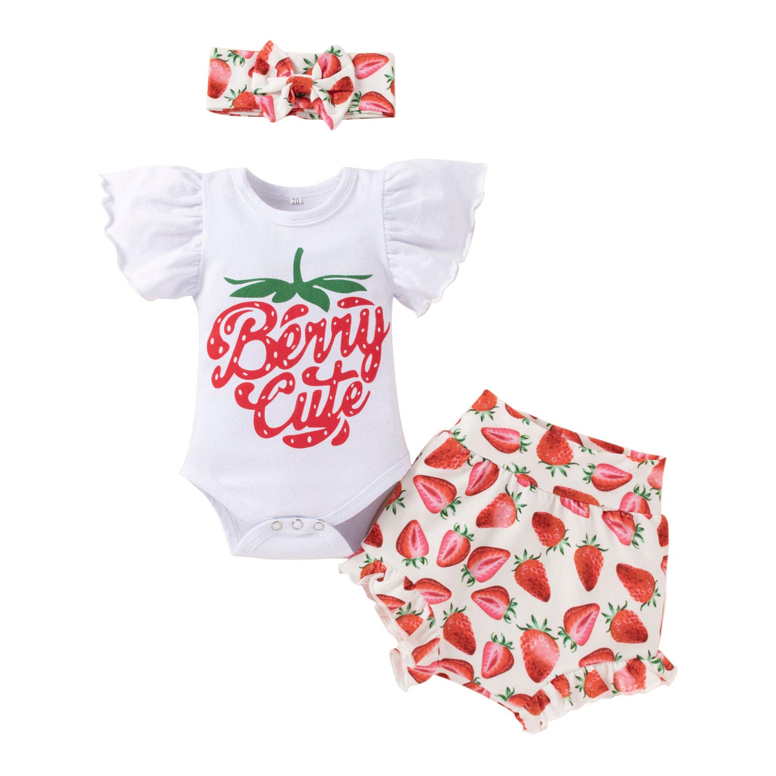 Adorable Baby Girls Summer Outfits - Ruffle Sleeve Fruit Floral Romper with Matching Shorts & Headband Set | Cute Playtime & Photo Shoot Outfits for Toddlers