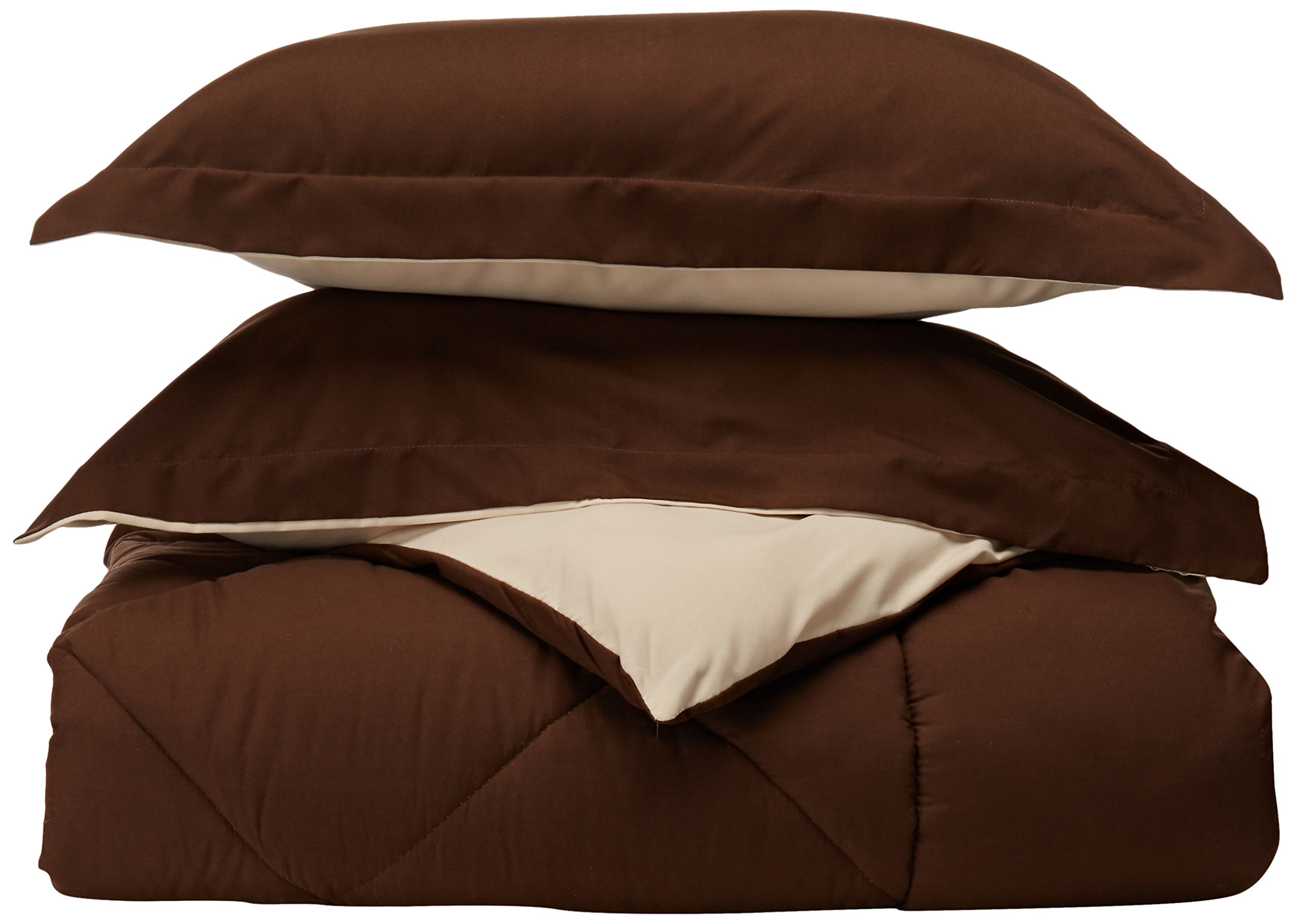 Luxury Silky Soft Goose Down Alternative Reversible 3-Piece Comforter Set - Full/Queen Size, Brown & Cream - Hypoallergenic Bedding for All Seasons - Perfect for Master Bedroom, Guest Room & Cozy Home Decor