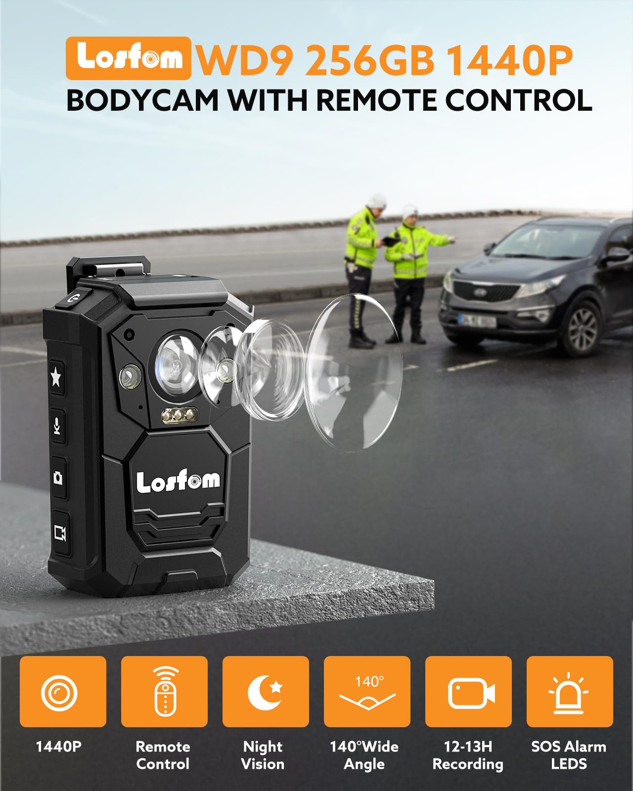 WD9 2K Body Worn Camera with 256GB Storage & GPS | 16-Hour Battery Life (3500mAh) | Waterproof Police Camera with LED Light & Remote Control | Perfect for Law Enforcement, Security Guards & Outdoor Activities