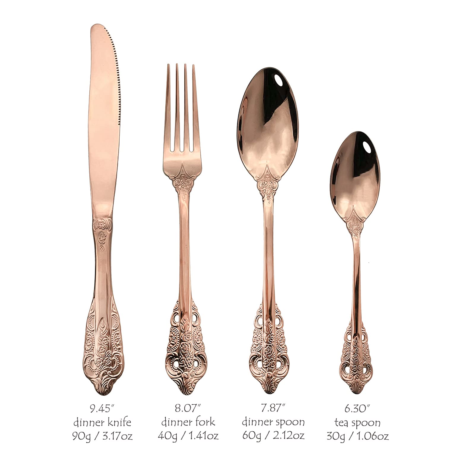 Luxury 4-Piece Rose Gold Palace Mirror Silverware Set - 18/10 Stainless Steel Copper Flatware with Knife, Fork, Spoon & Teaspoon - Elegant Retro Kitchen Utensils - Dishwasher Safe - Perfect for Fine Dining, Wedding Gifts & Home Decor