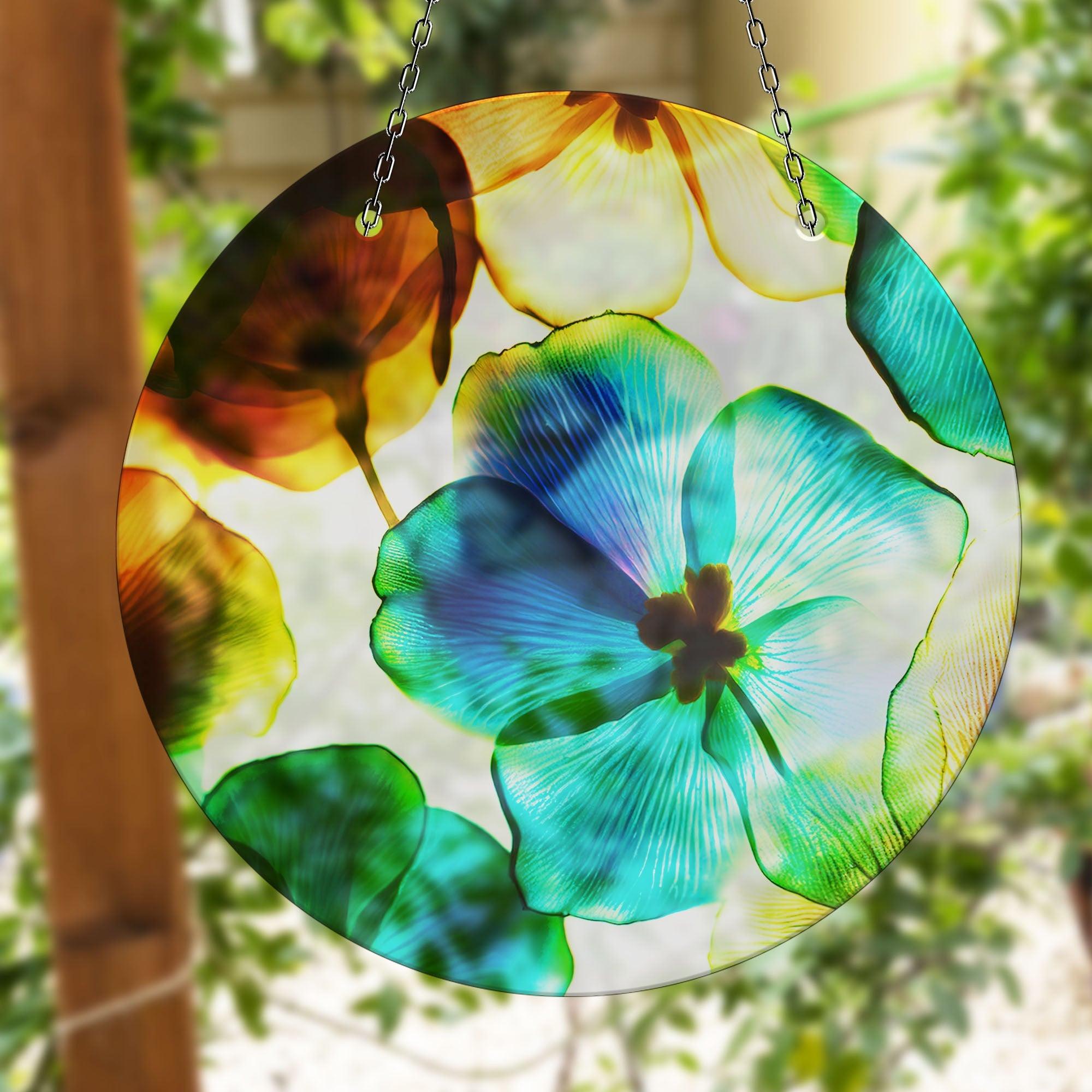 Vibrant Blue & Orange Flower Suncatcher - Handmade Stained Glass Window Decor for Home, Office & Garden - Perfect for Living Room, Bedroom & Outdoor Spaces