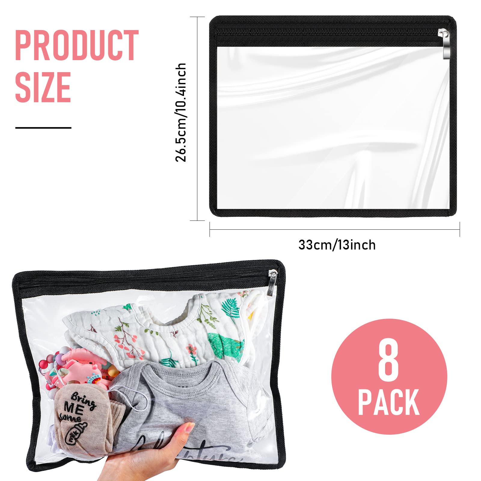 Outus 8-Pack Clear PVC Zipper Pouches for Pencils, Makeup & Documents - 13 x 10.5 Inches Multi-Purpose Storage Bags with Black Edging | Perfect for Office, School & Travel Organization
