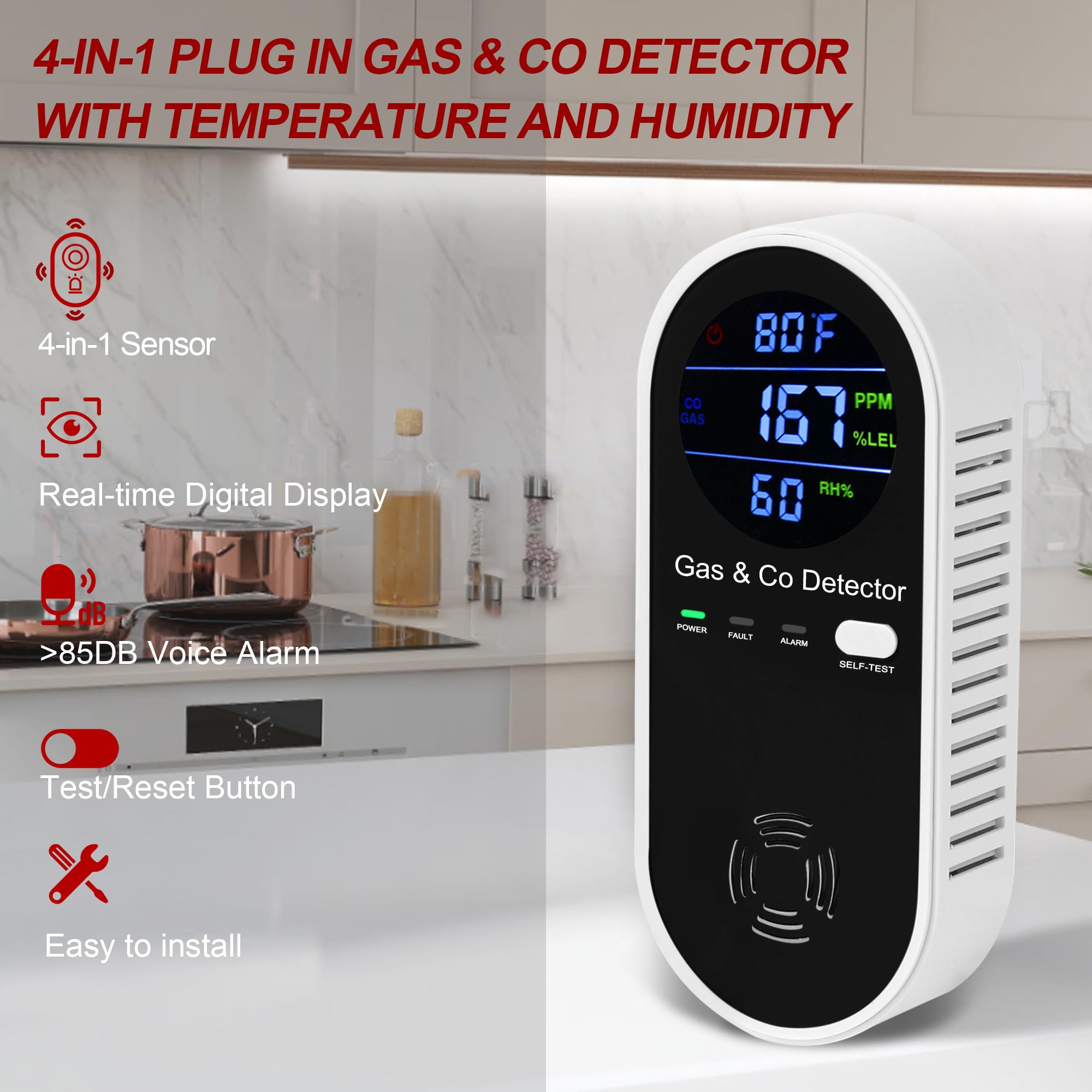 4-in-1 Plug-in Gas & Carbon Monoxide Detector Alarm for Home Safety - Natural Gas, Propane, Methane & CO Detection with Fahrenheit & Humidity Display - Ideal for Homes, Apartments, RVs & Campers
