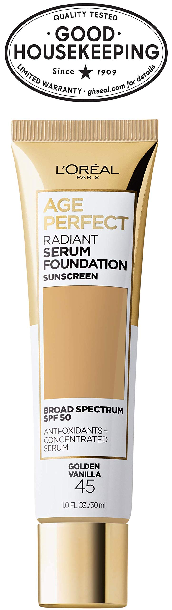 L'Oreal Paris Age Perfect Radiant Serum Foundation SPF 50 - Golden Vanilla 1 fl. oz | Anti-Aging & Hydrating Makeup for Mature Skin | Daily Wear & Special Occasions