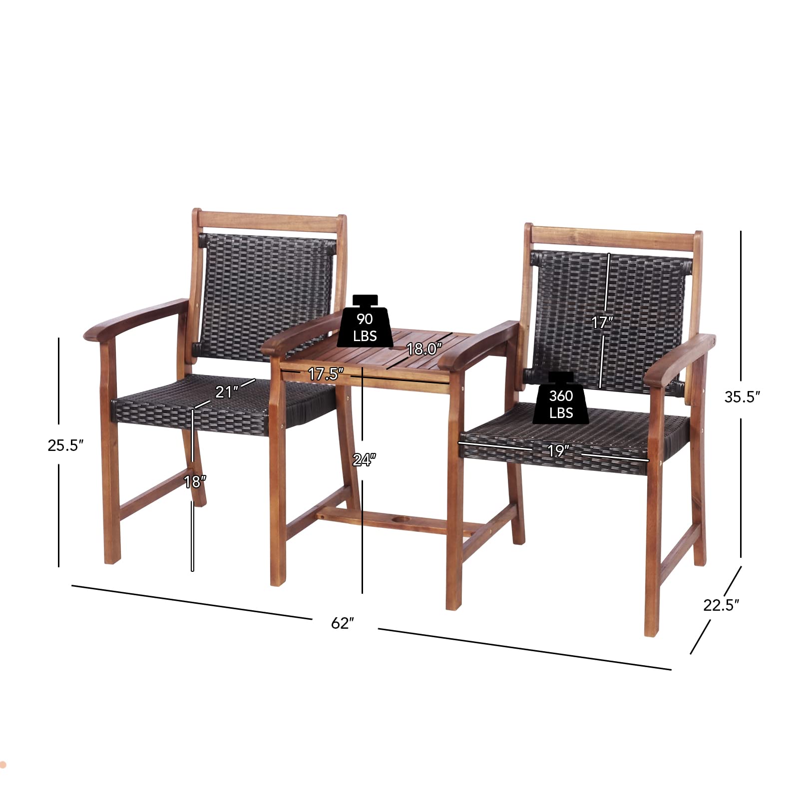 **Tangkula Acacia Wood Garden Bench Set - 2-Seater Patio Loveseat with Rattan Design, Coffee Table & Parasol Hole - Outdoor Conversation Furniture for Backyard, Poolside, Balcony, Deck (Brown) | Perfect for Relaxing, Entertaining & Enjoying Nature**