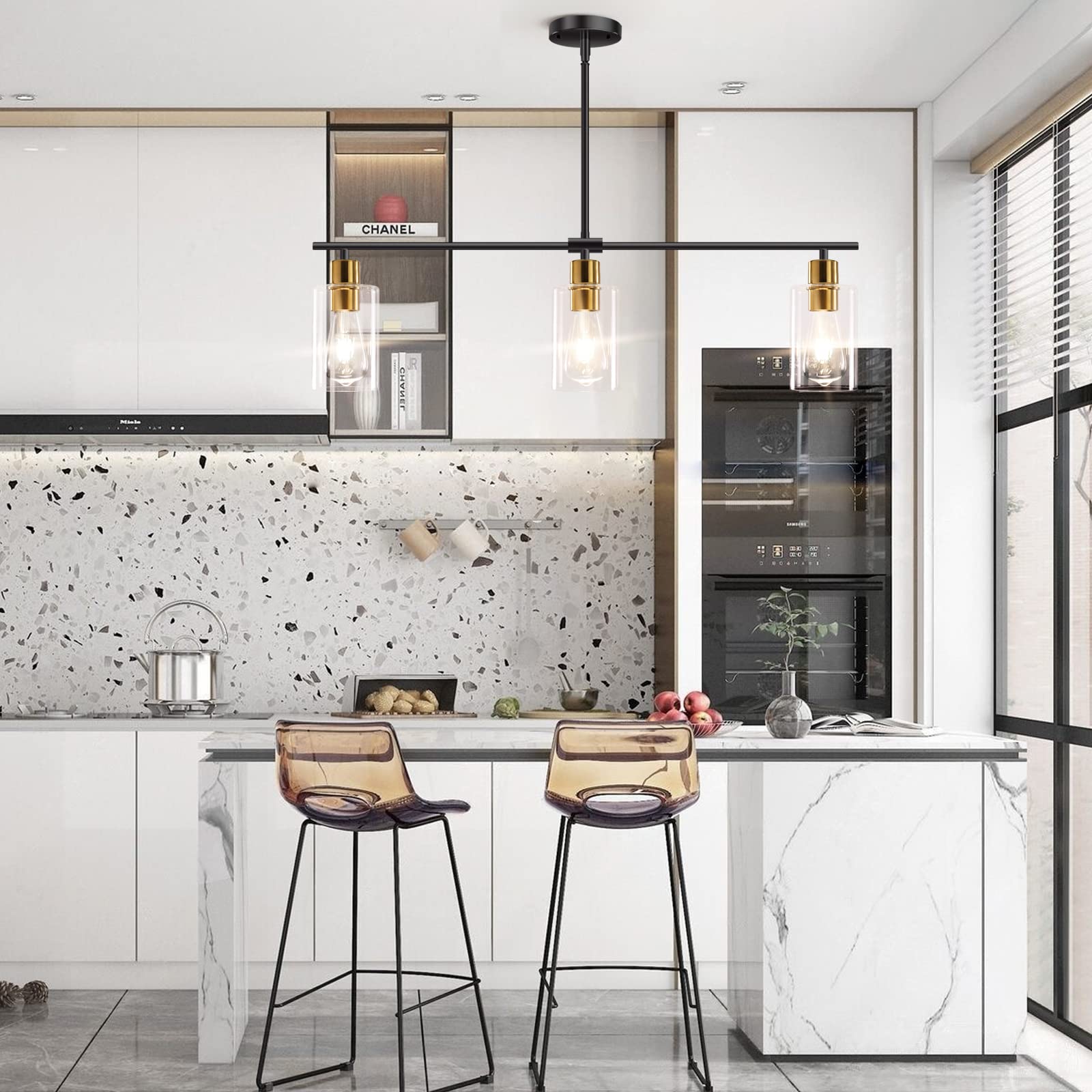 Modern 3-Light Linear Chandelier - Black & Gold Rectangle Pendant Light Fixture with Glass Shades for Kitchen Island, Dining Room & Farmhouse Decor | Perfect for Breakfast Nooks, Open Concept Kitchens & Rustic Dining Areas