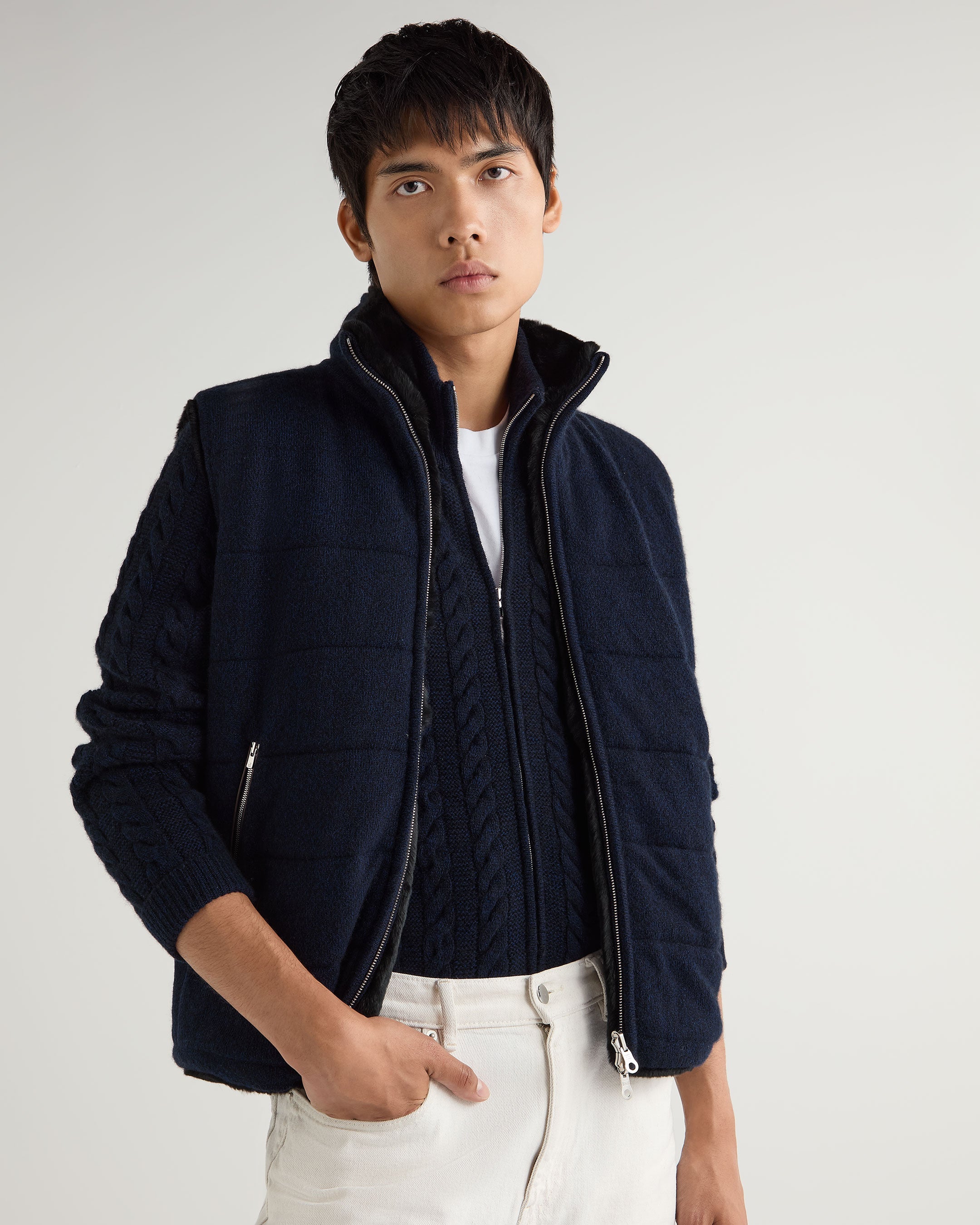 Men's Vermont Fur Lined Gilet Vest - Navy Blue Melange Winter Wear for Outdoor Activities & Casual Style