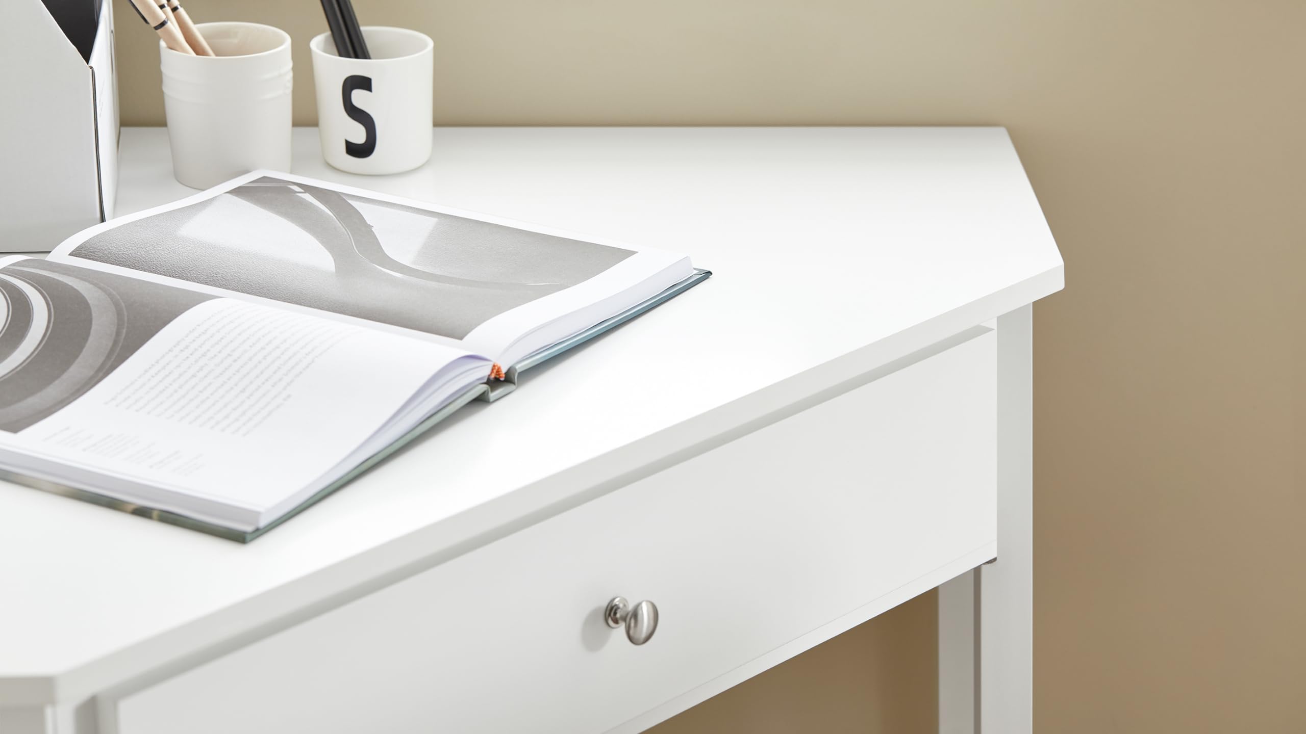Haotian White Corner Desk with Drawer & Ladder Shelf - Compact Triangle Computer Desk for Small Spaces, Home Office Writing Table & Vanity Desk (Model FWT31-W) - Perfect for Apartments, Dorms & Workspaces