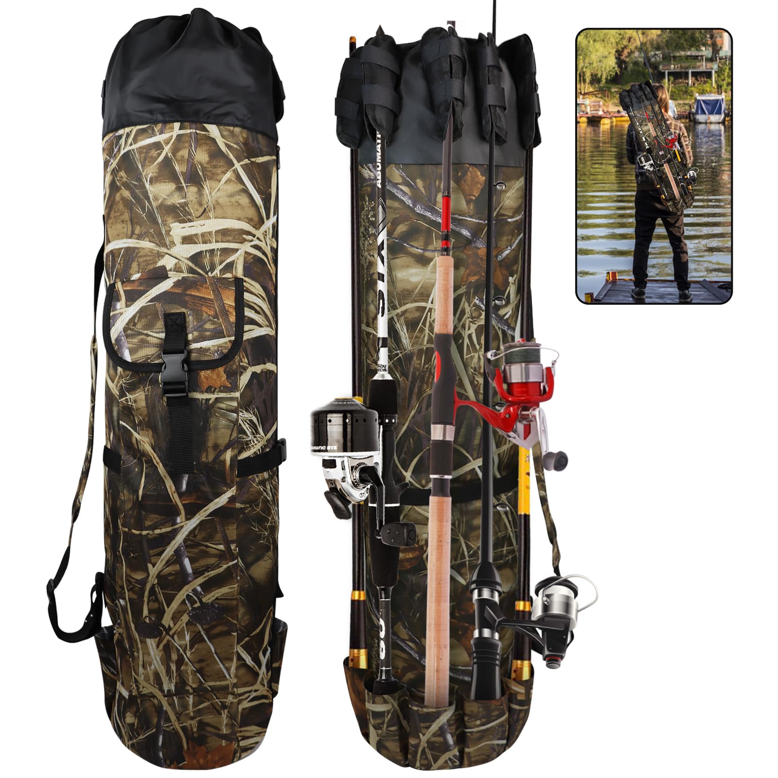 **FOUUAAOOU Fishing Rod Bag - Durable Folding Oxford Fabric Fishing Pole Case, Portable Fishing Gear for Men - Ideal for Travel, Storage & Fishing Gifts (Camouflage)**