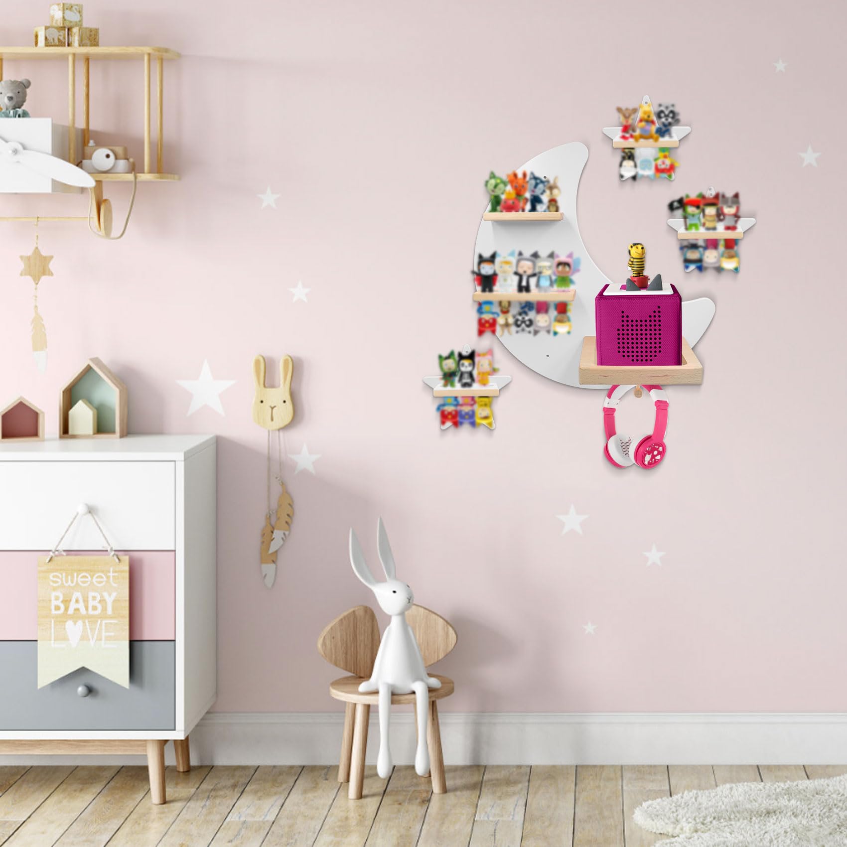Magnetic Wooden Floating Shelves for Toniebox - Wall Mounted Storage Set for Tonie Figures, Compatible with Tonie Box Player - Perfect for Kids' Room Organization & Display