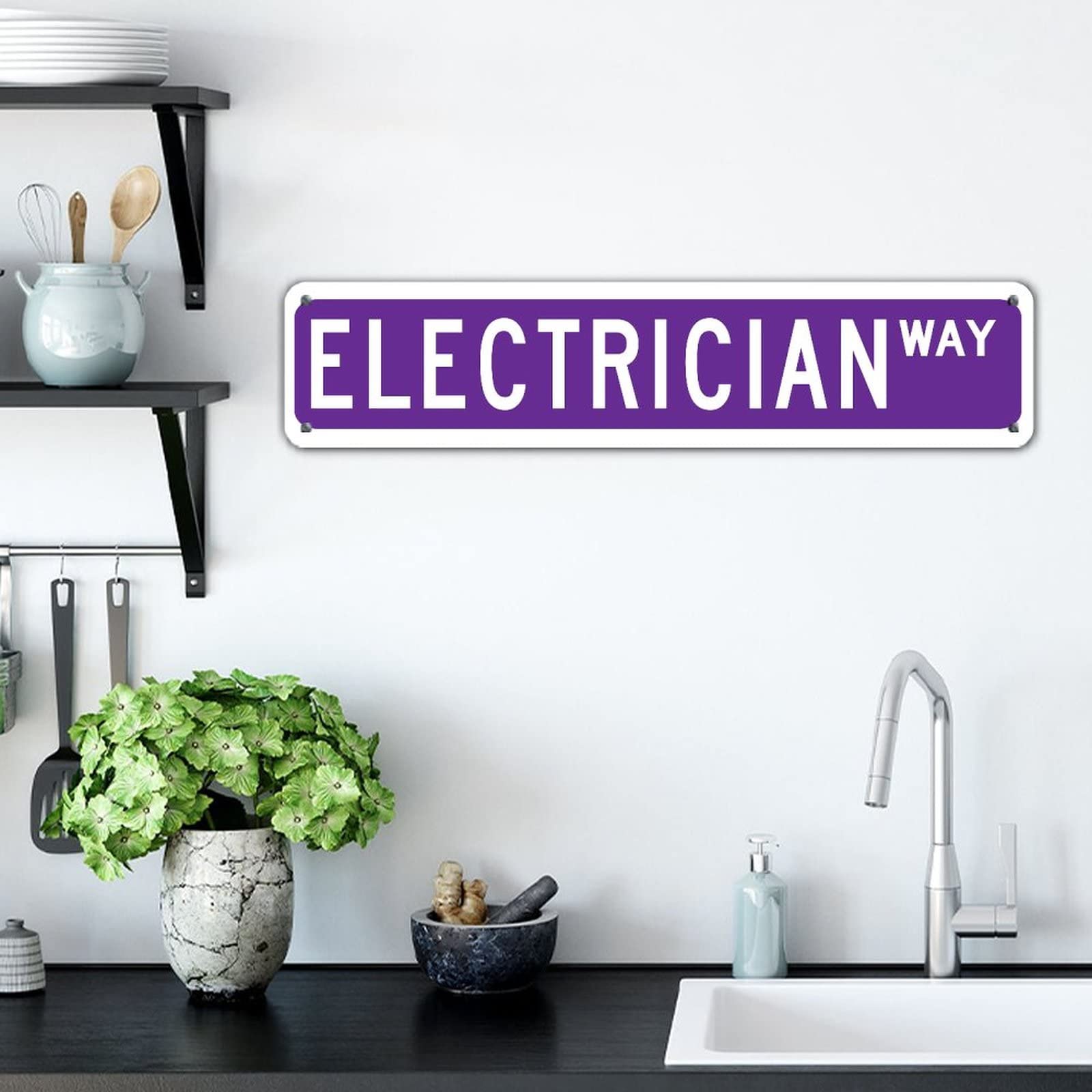 Custom Retro Solid Purple Electrician Way Sign - Water-Resistant Aluminum Garage & Office Decor for Indoor/Outdoor Use - Heavy Duty 4x18 Rectangle Sign for Garage, Office, Restaurants & Street Road Decor