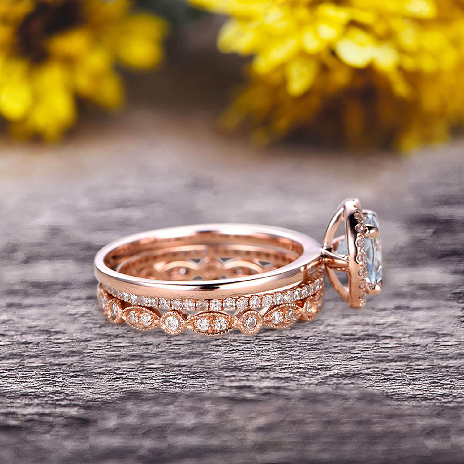 10K Rose Gold 1.75 Carat Round Cut Aquamarine Engagement Ring Set with Matching Wedding Bands & Moissanite Halo - Art Deco Style for Bridal Jewelry & Anniversary Gifts