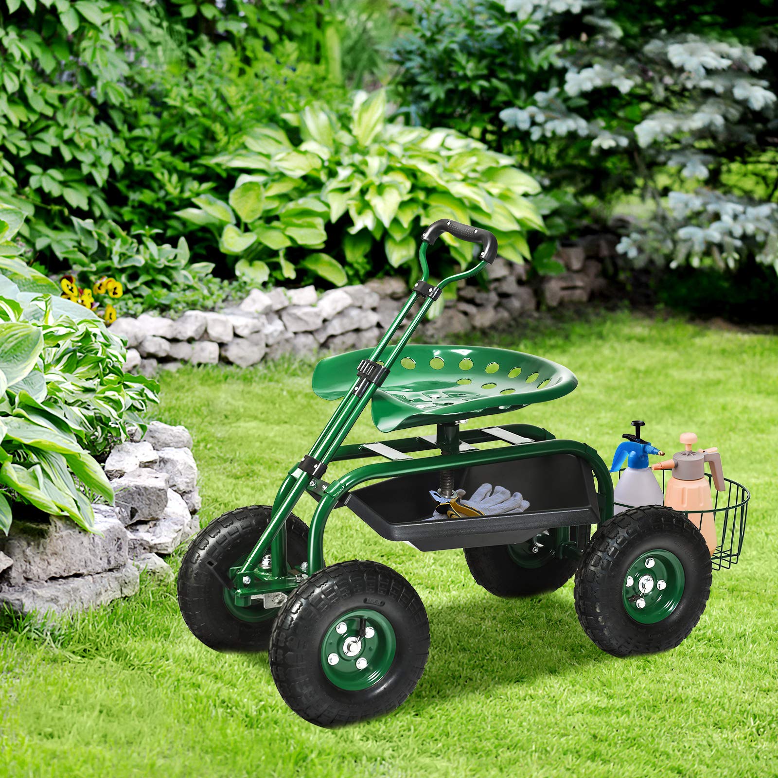 Heavy Duty Garden Cart with Seat & Wheels - Planting & Gardening Work Cart