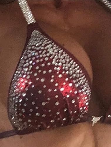 NPC Bikini Competition Suit - Merlot Burgundy Red Crystal Clustered Rhinestone Posing Bikini for Women (C/D Cup, Small HIPS 32-34) | Stage Performance, Bodybuilding Shows, Fitness Pageants