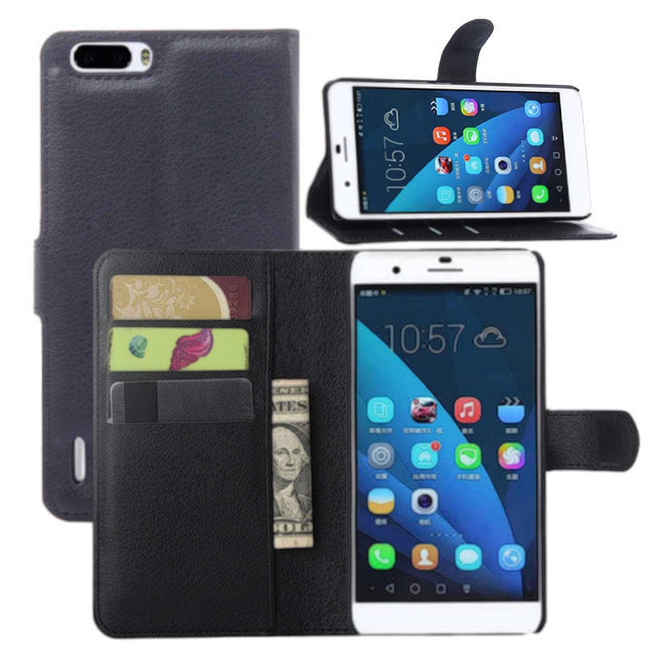 Premium PU Leather Wallet Flip Case Cover with Stand & Card Holder for Huawei Honor 6 Plus - Black | Slim Protective Phone Case for Business & Travel Use