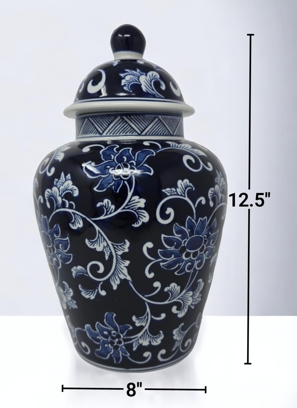 Festcool 12.5 Inch Blue and White Porcelain Floral Temple Ginger Jar Vase - Qing Dynasty Style Decorative Vase for Home Decor, Living Room Centerpiece, Asian-Inspired Interior Design